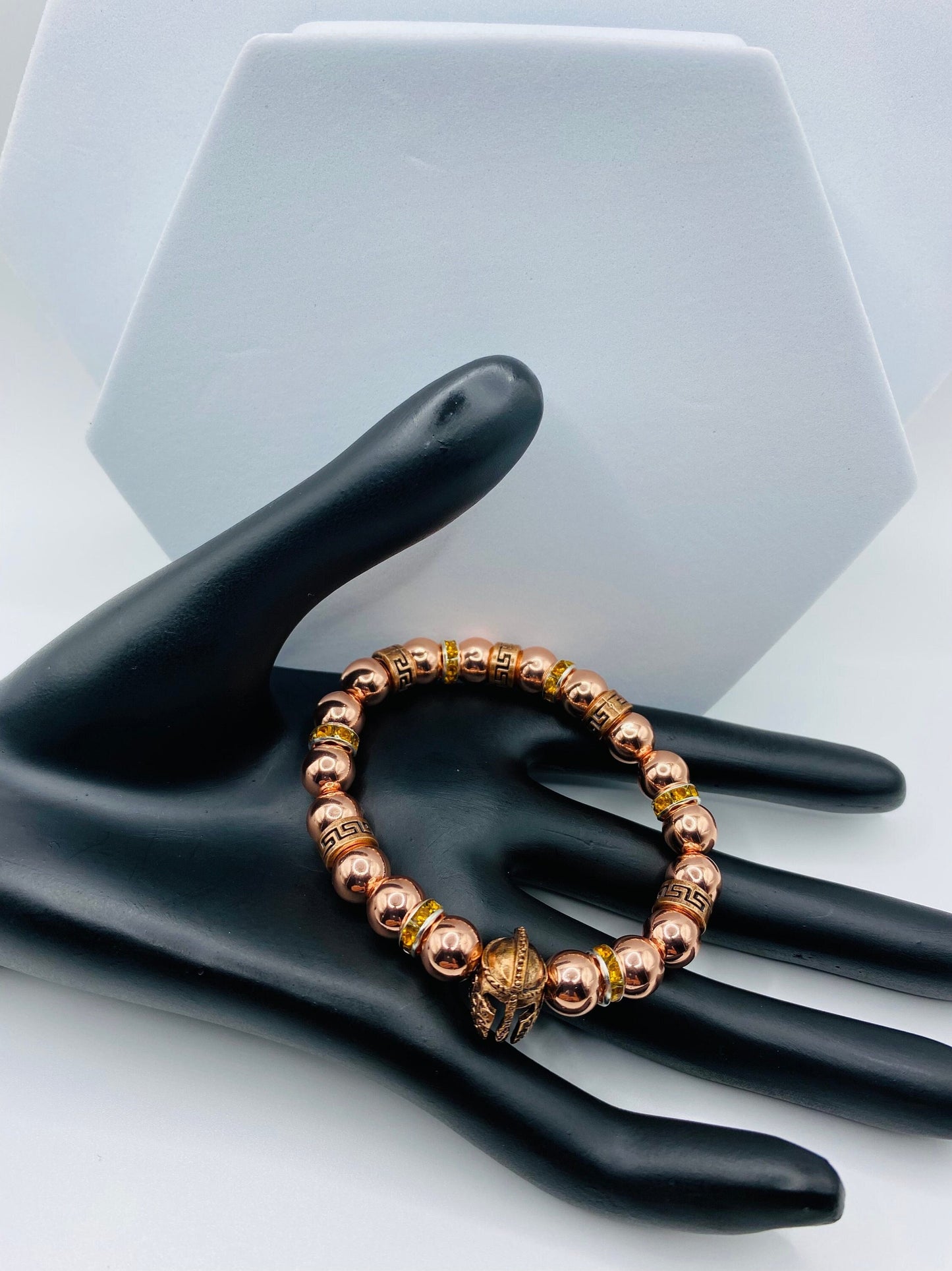 Rose Gold Spartan Helmet Bracelet: Hematite Gemstone Beaded Warrior Jewelry