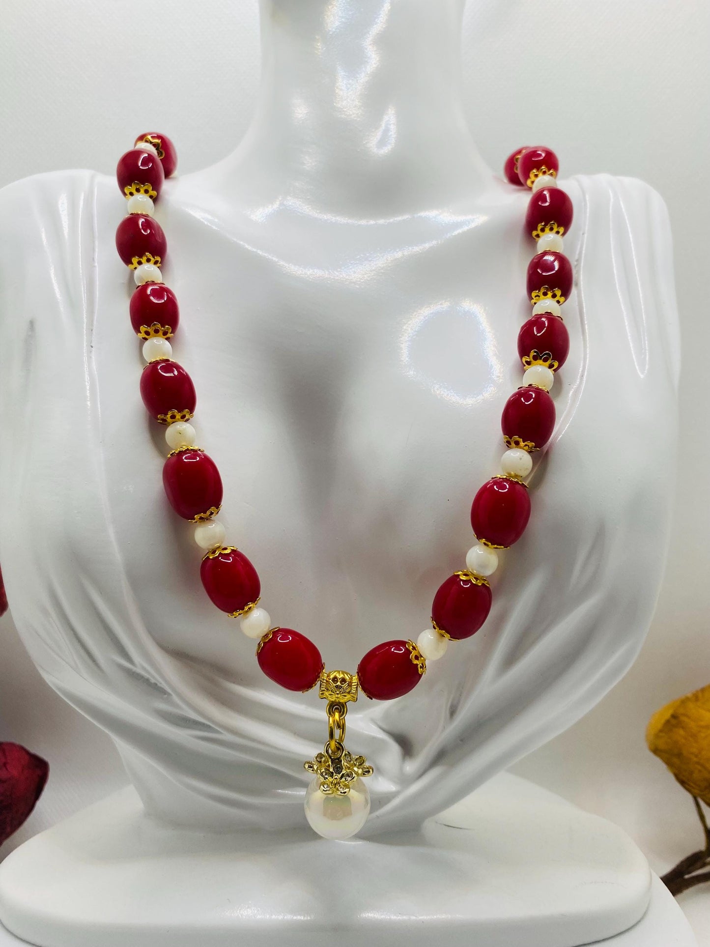 Handmade Red Jade Necklace: Mother of Pearl, Faux Pearl Pendant