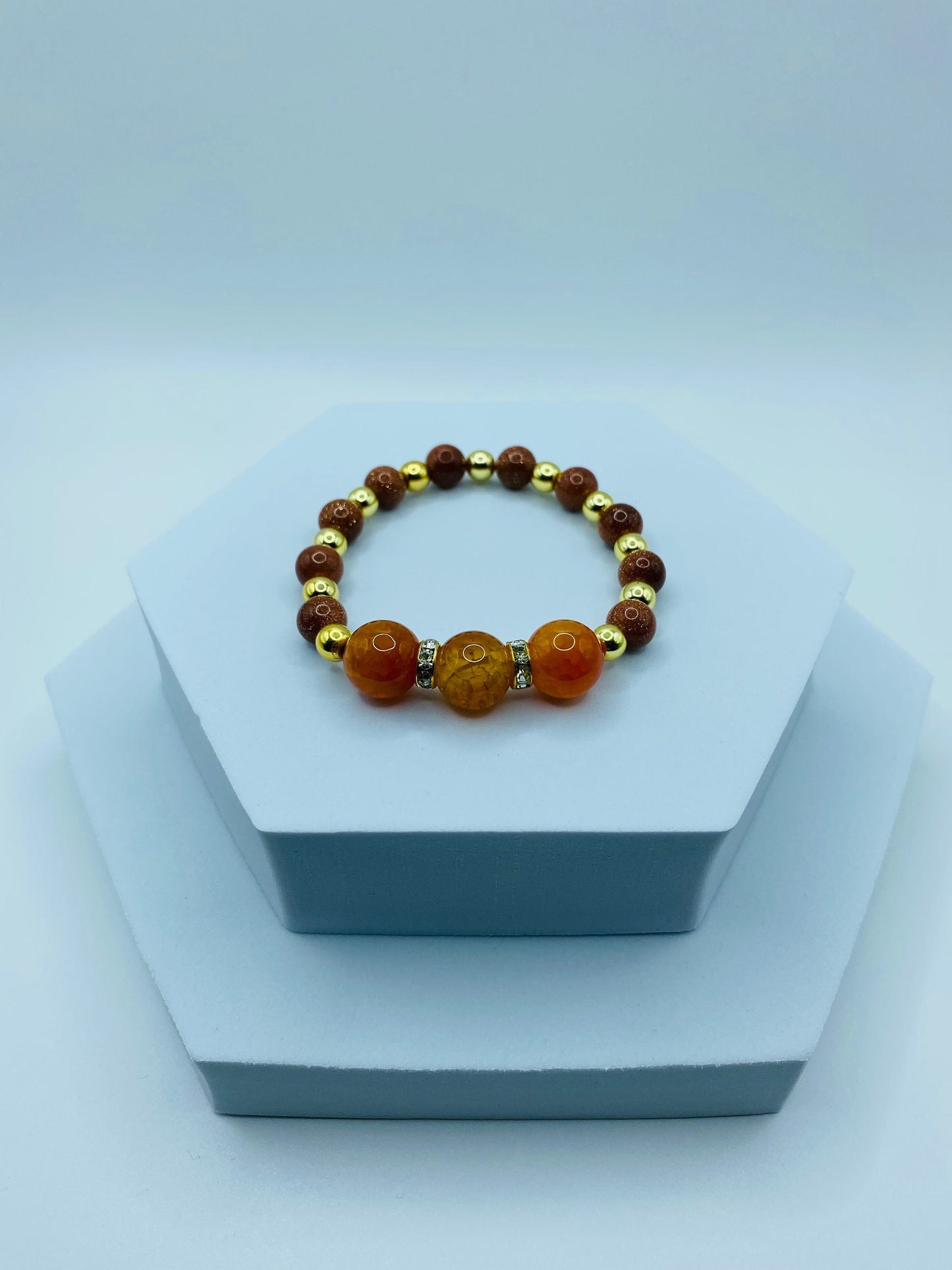 Handmade Orange Jade Bracelet: Goldstone & Gold-Plated Hematite Beads