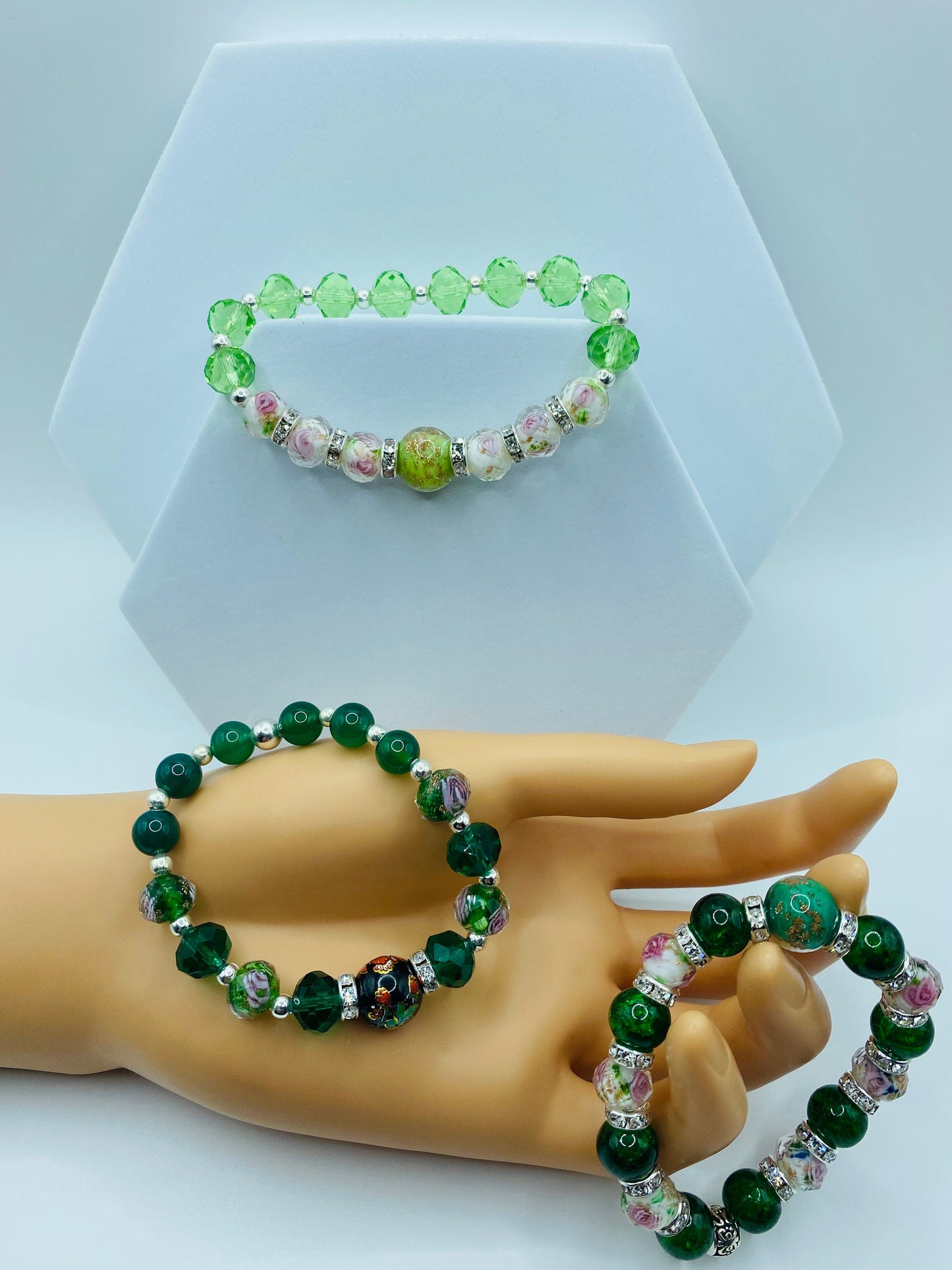 Jade Bracelet: Lampwork Floral Glass Beads & Hematite Gemstones