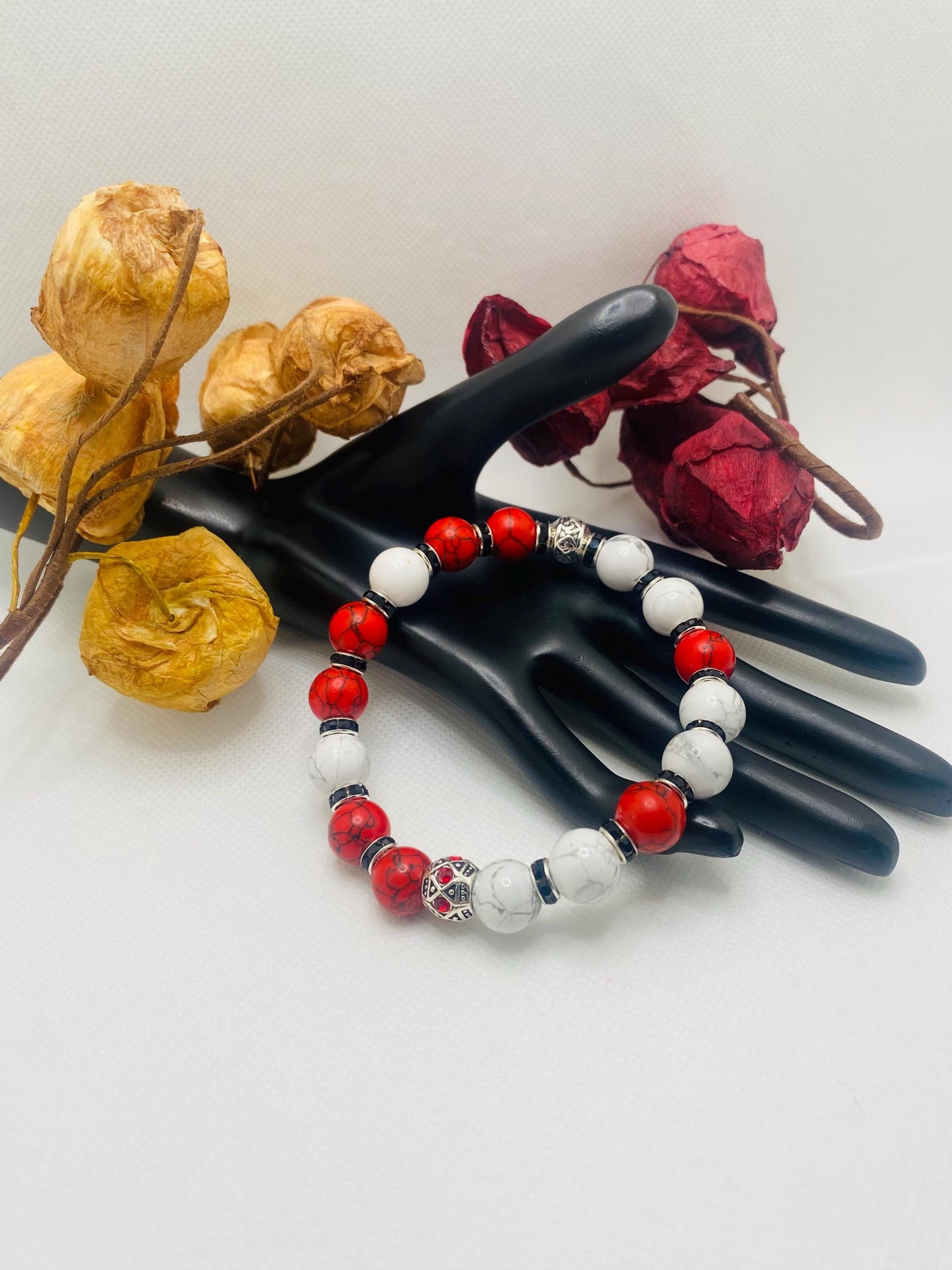 Mens Red Turquoise & Howlite Beaded Bracelet: Silver Rhinestone Charm