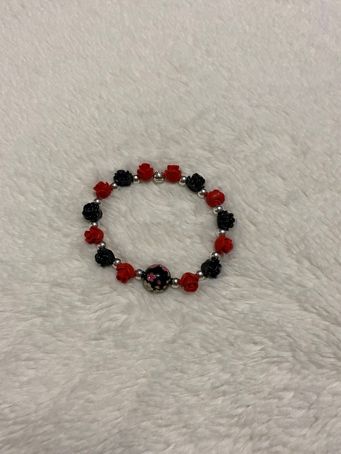 Red & Black Rose Bracelet: Floral Jewelry with Hematite Beads