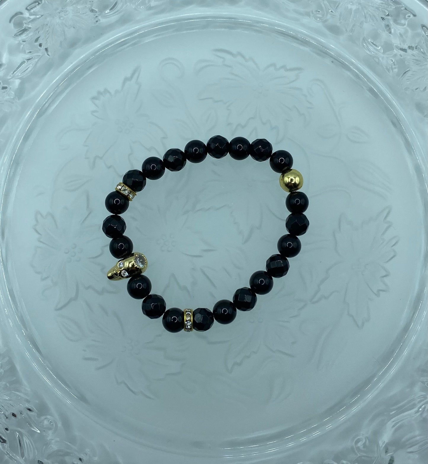 Black Onyx Bracelet: Golden CZ Skull Bead, Goth Jewelry
