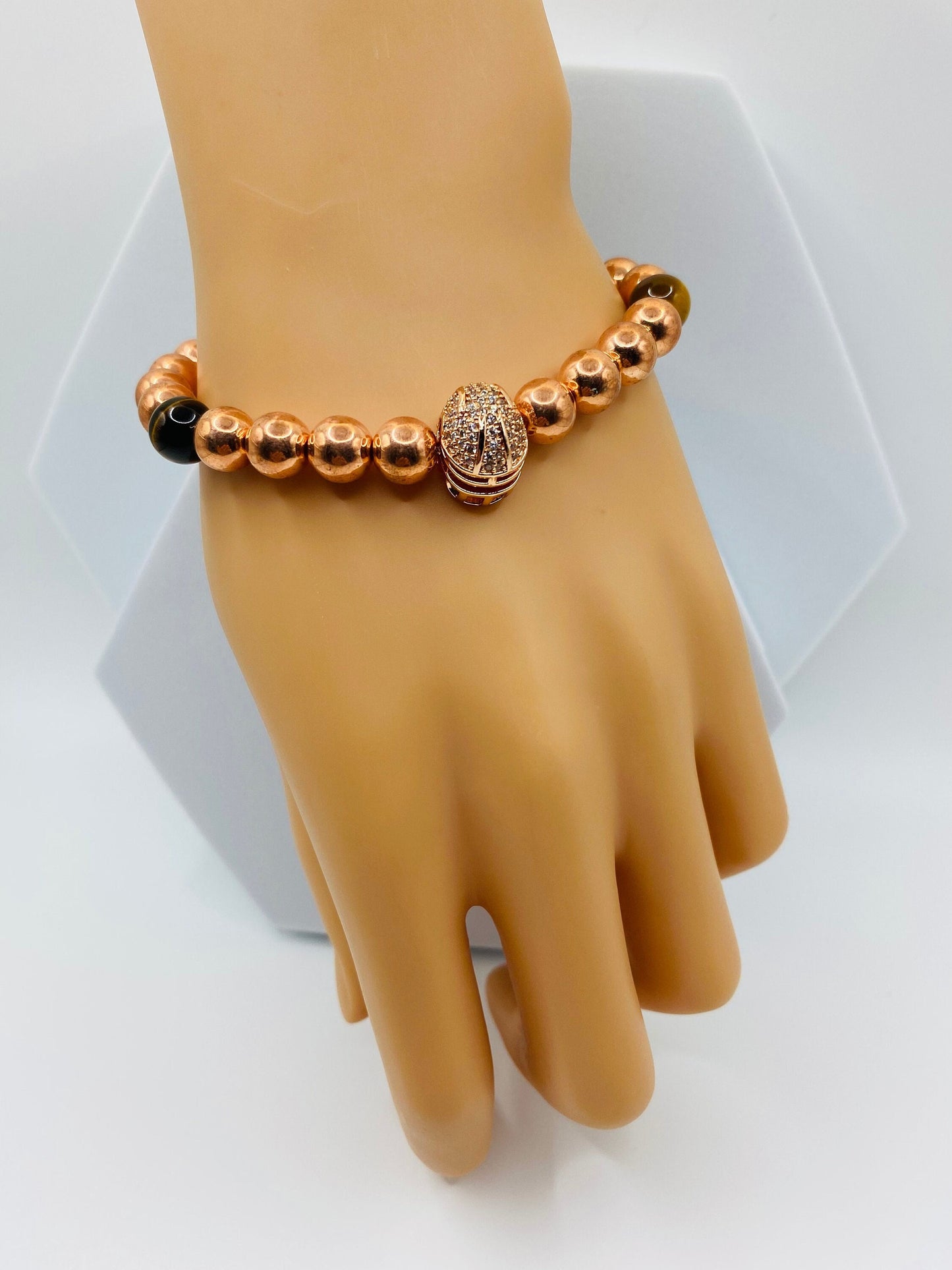 Rose Gold Hematite Bracelet: Spartan Helmet, Tiger's Eye Beads