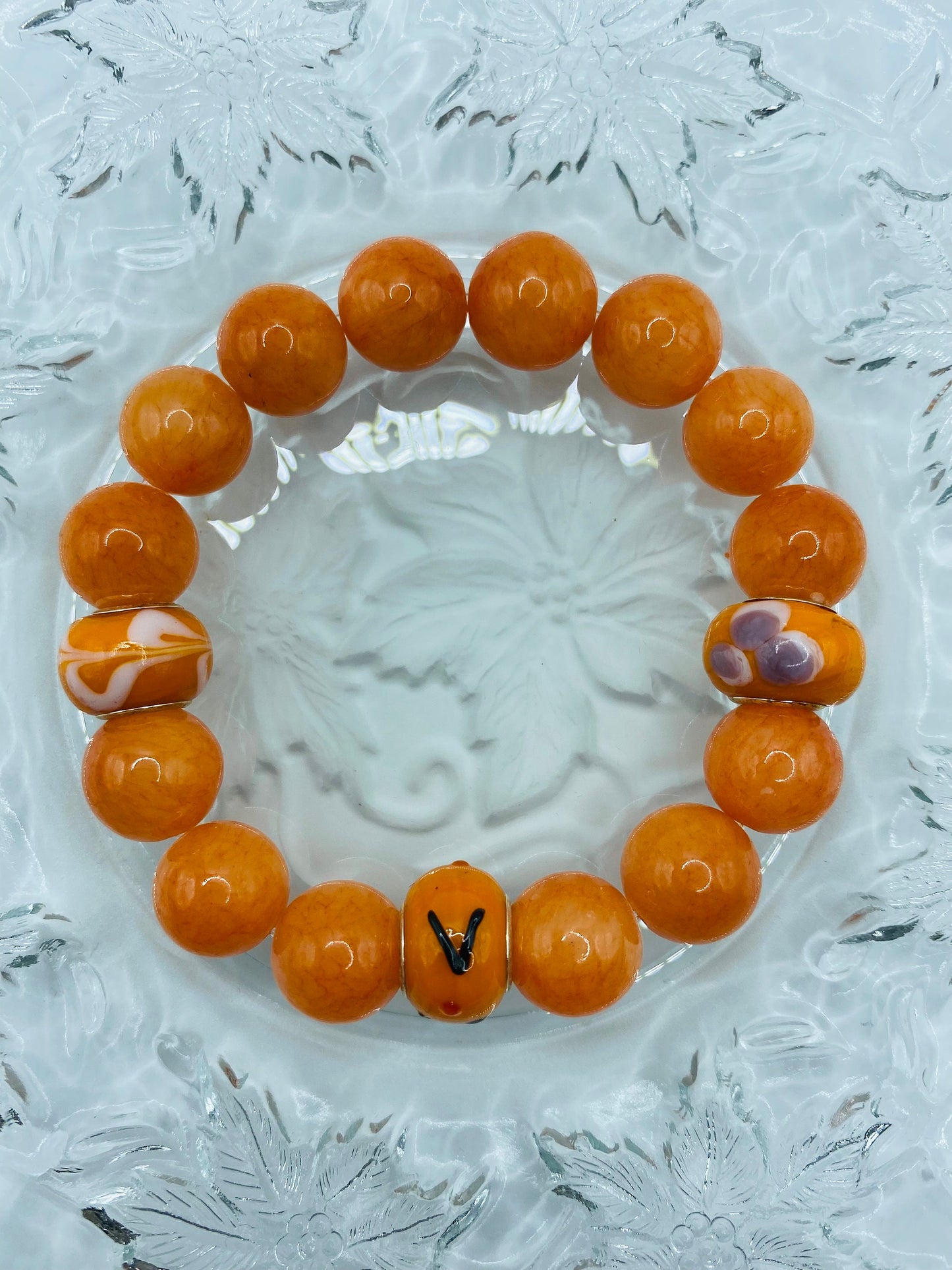 Handmade Orange Jade Bracelet: Murano Glass Bead Chunky Jewelry