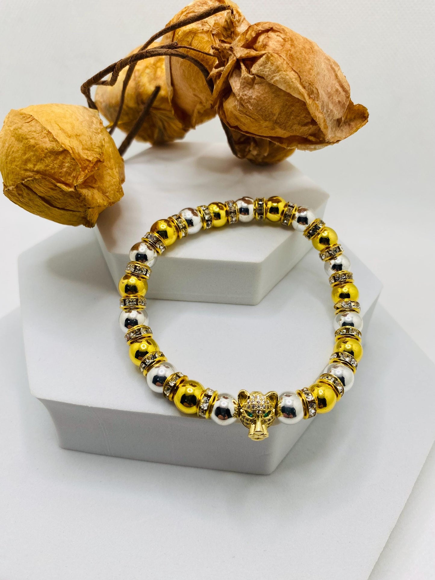 Tiger Charm Bracelet: Gold & Silver Hematite Beads, Cubic Zirconia