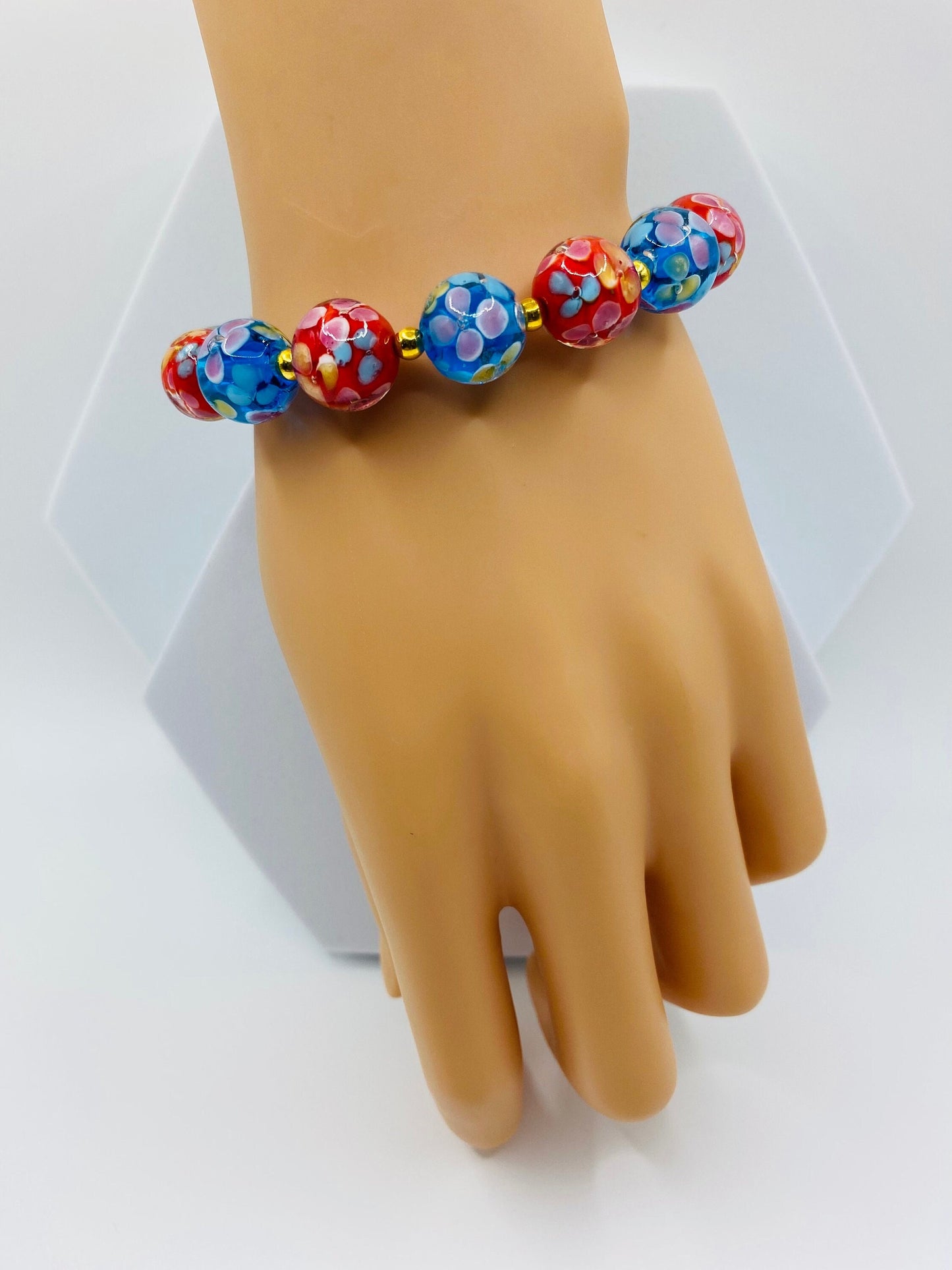 Floral Lampwork Glass Bead Bracelet: Red & Blue Murano Style