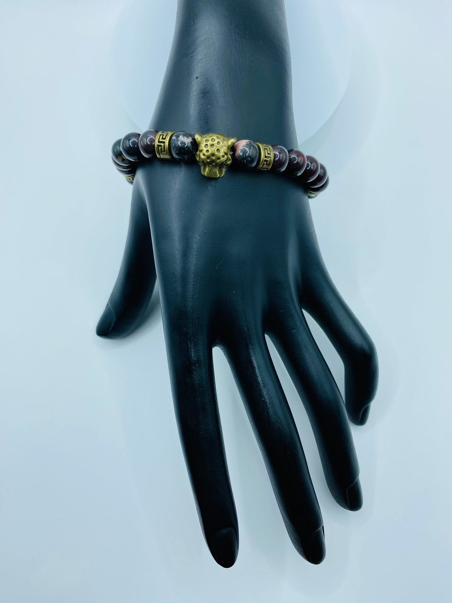 Mens Leopard Charm Bracelet: Bronzite Gemstone Beads, Tibetan Spacers