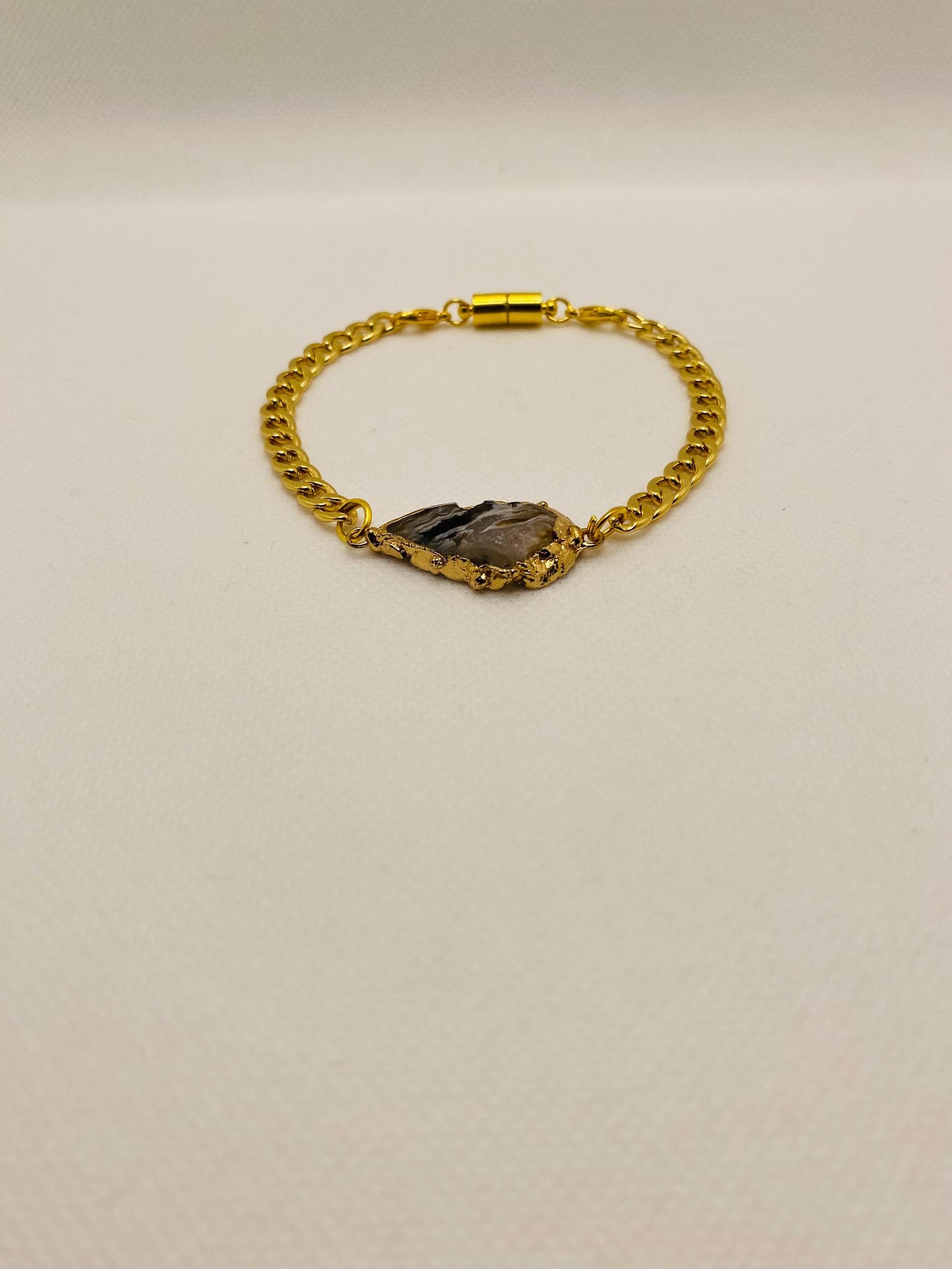 Handmade 18k Gold Plated Cuban Link Bracelet: Geode Agate, Magnetic Clasp