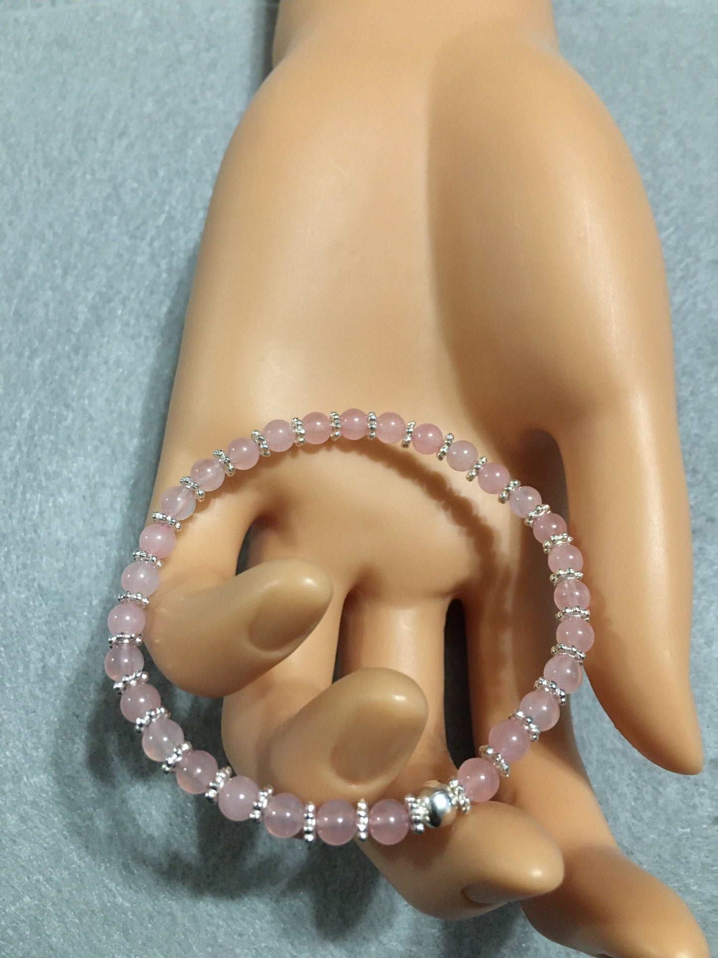 Rose Quartz Bracelet: Silver Snowflakes & Hematite Beads