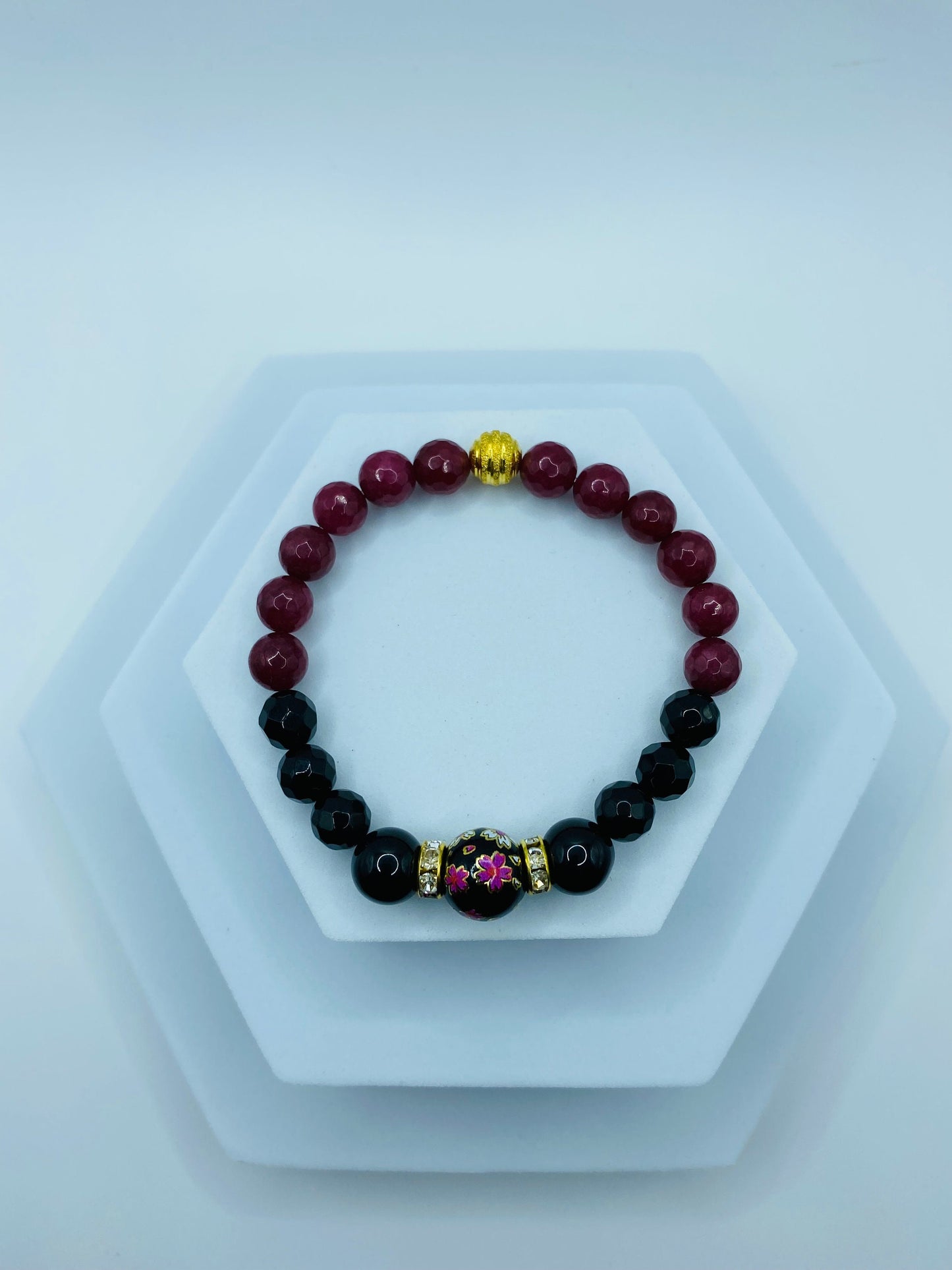 Black Onyx & Red Jade Gemstone Bracelet with Floral Lampwork Bead