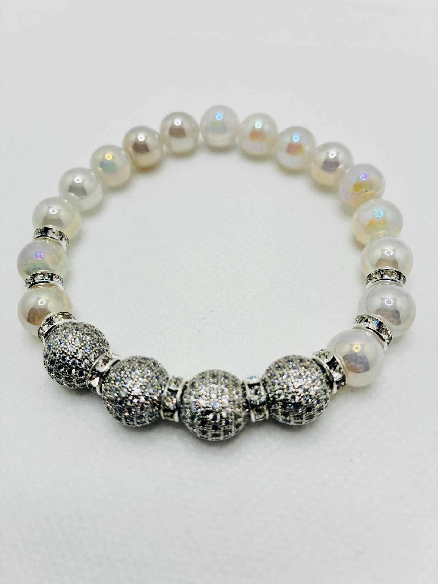 Brass Rhinestone & Zircon Beads White Gold and Snow Quartz Gemstone Bracelet: Silver Plated Rondelles