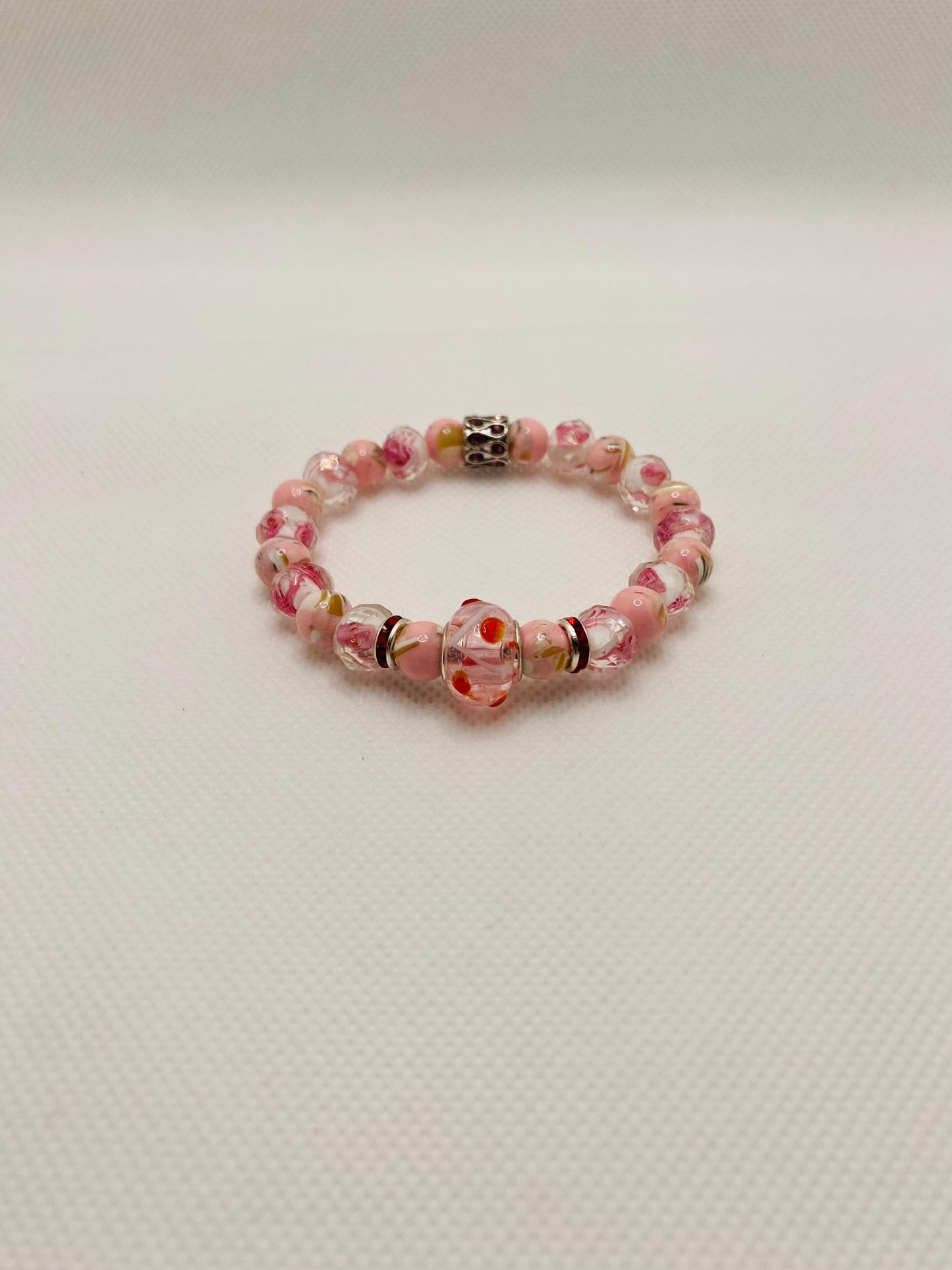 Pink Lampwork Glass Bead Bracelet: Floral Trochus Turquoise
