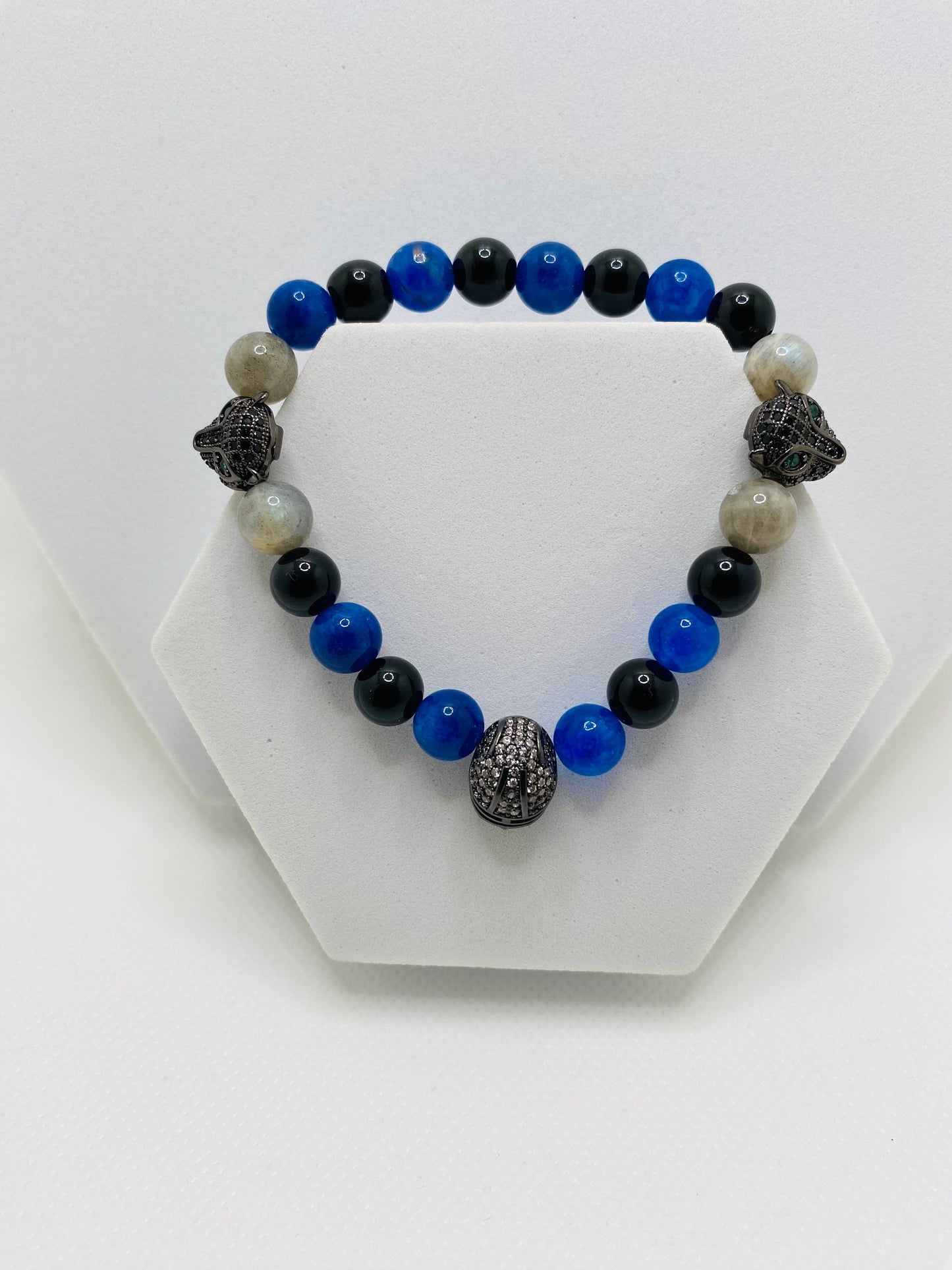 Carolina Panthers Bracelet: Onyx, Kyanite & Labradorite Gemstone Beads
