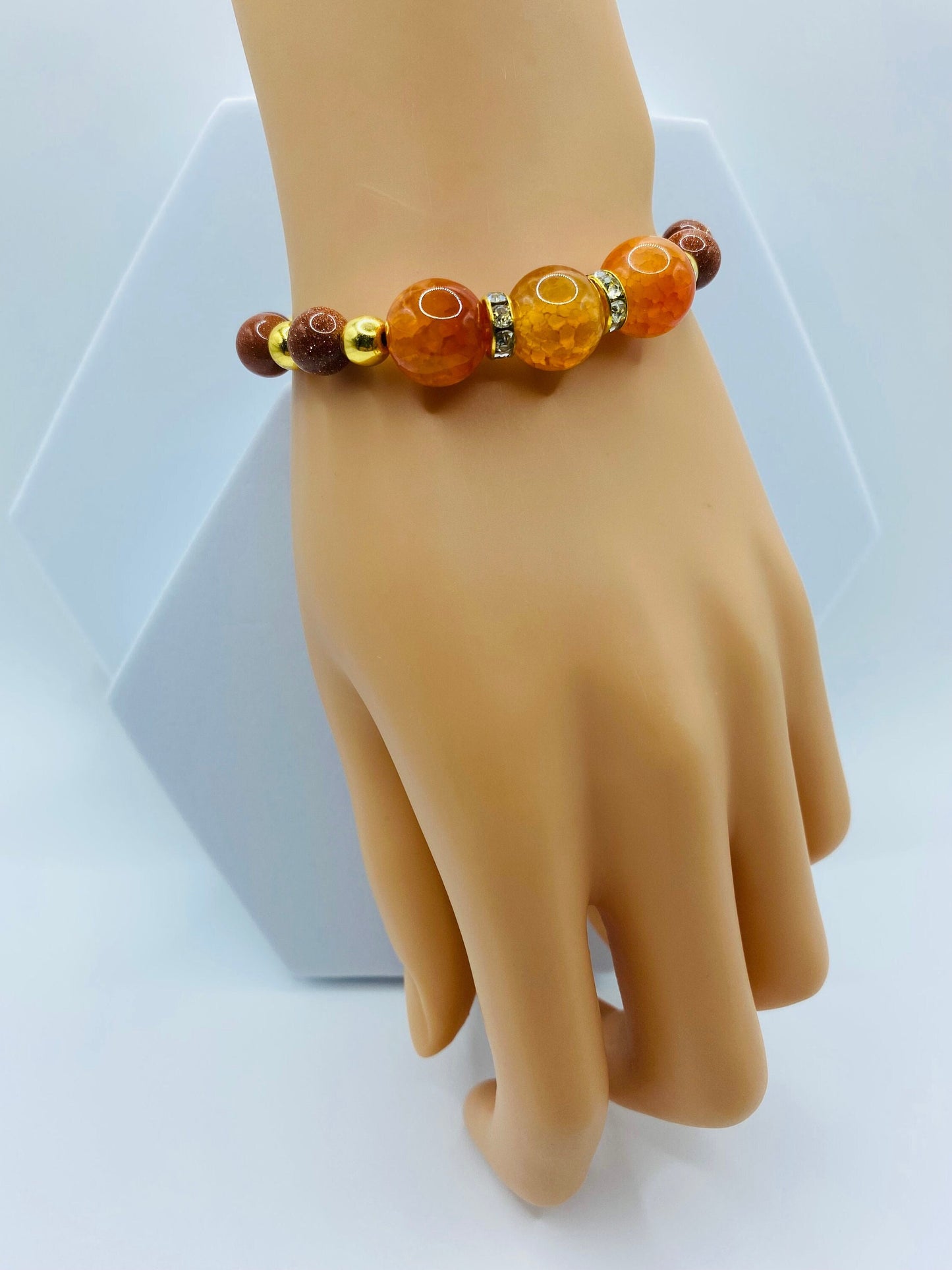 Handmade Orange Jade Bracelet: Goldstone & Gold-Plated Hematite Beads