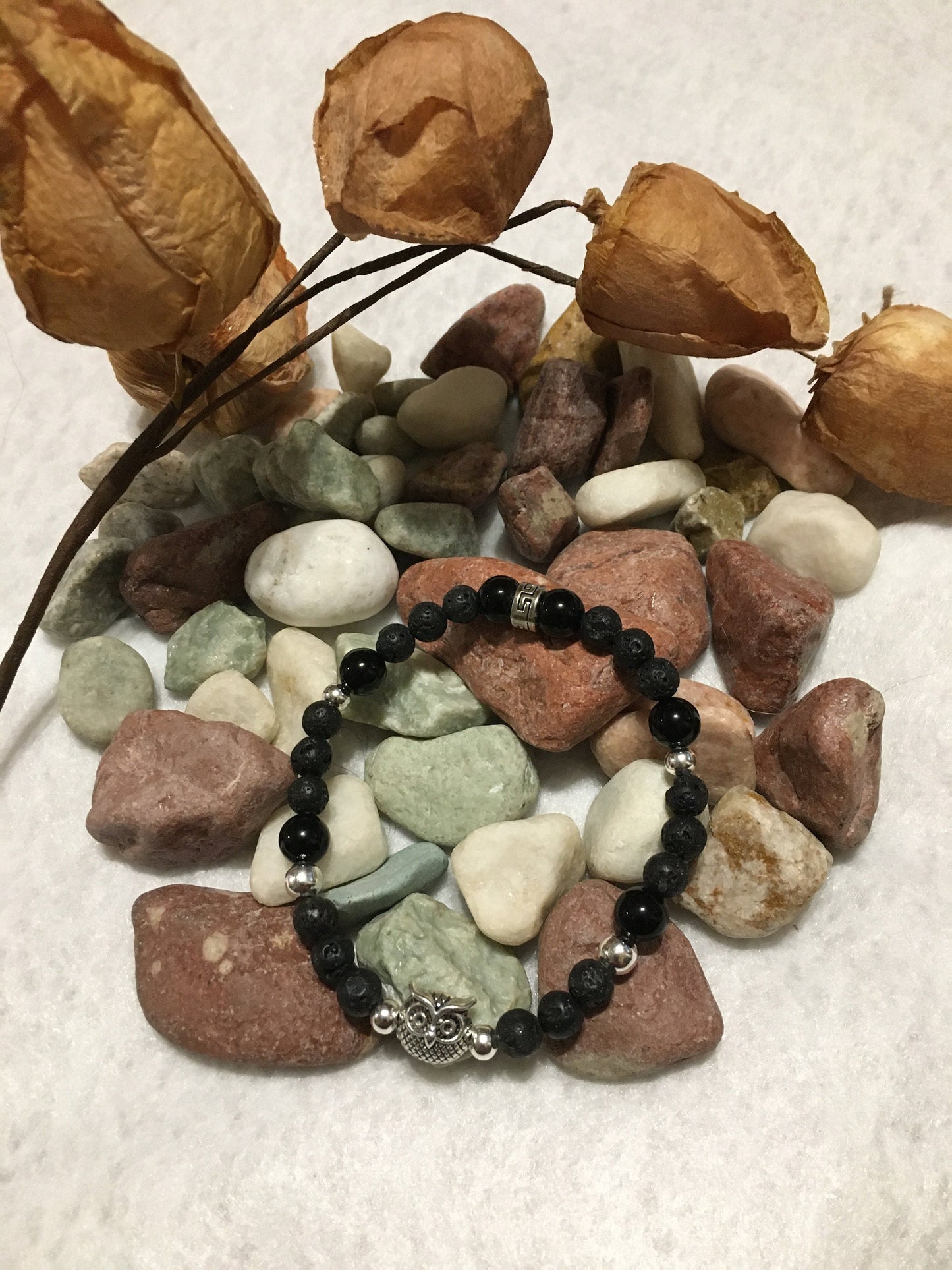 Night Owl Bracelet: Black Onyx & Lava Rock Gemstone Beads, Silver Owl Charm