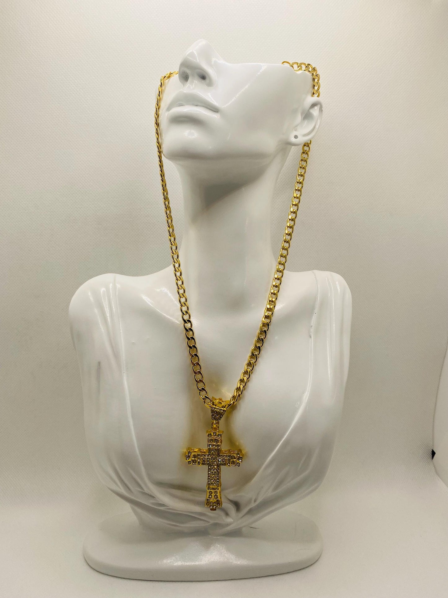 Gold Cross Necklace: Rhinestone Cuban Link Chain, Religious Jewelry