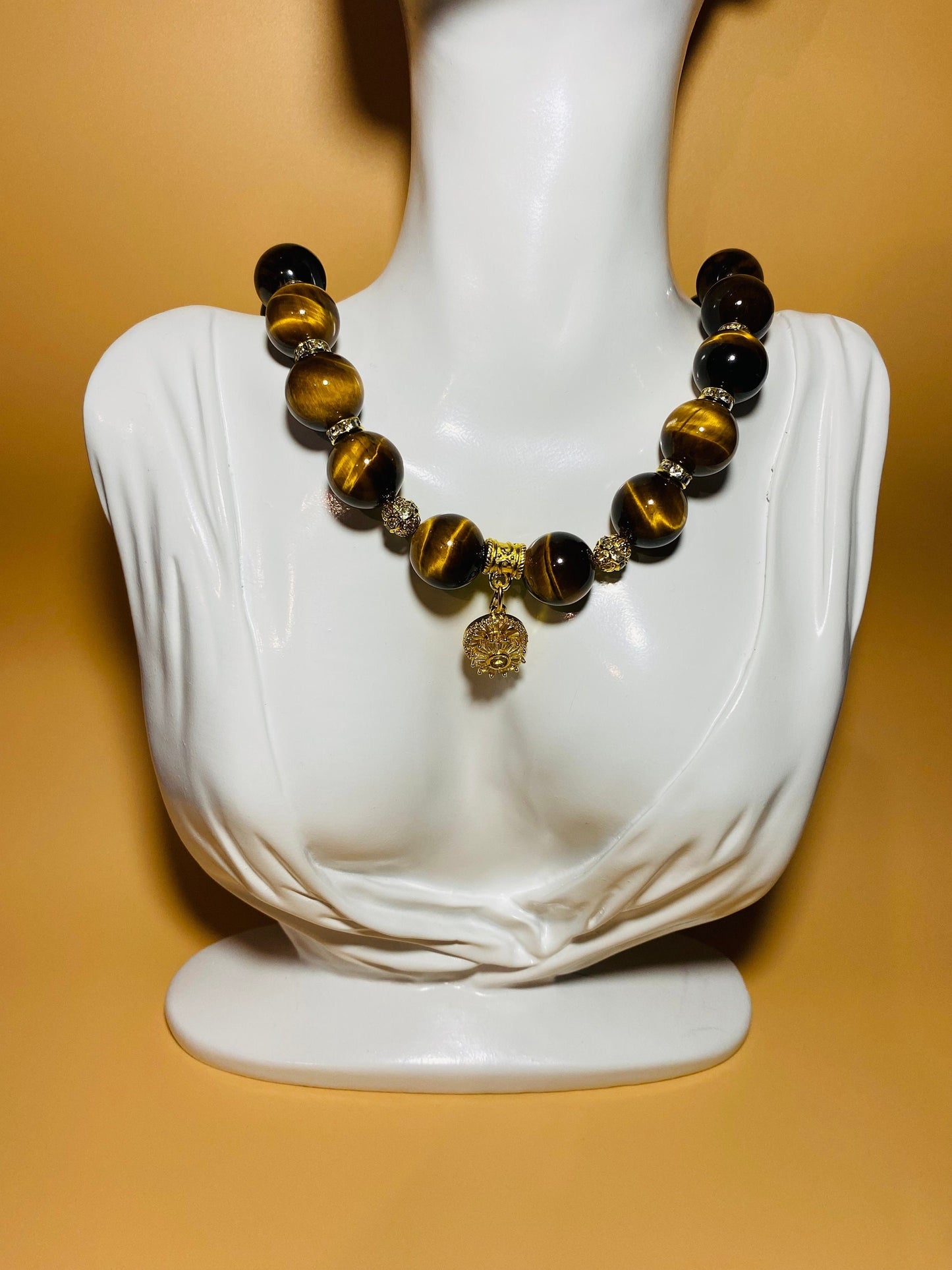 Tigers Eye Beaded Necklace with Gold Sunflower Charm