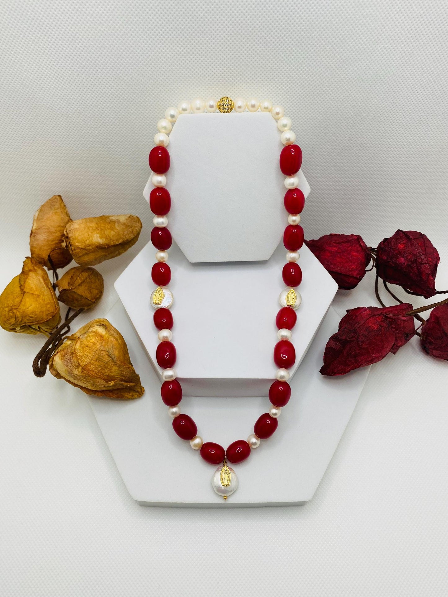 Handmade Red Jade Pearl Necklace: Virgin Mary Religious Jewelry