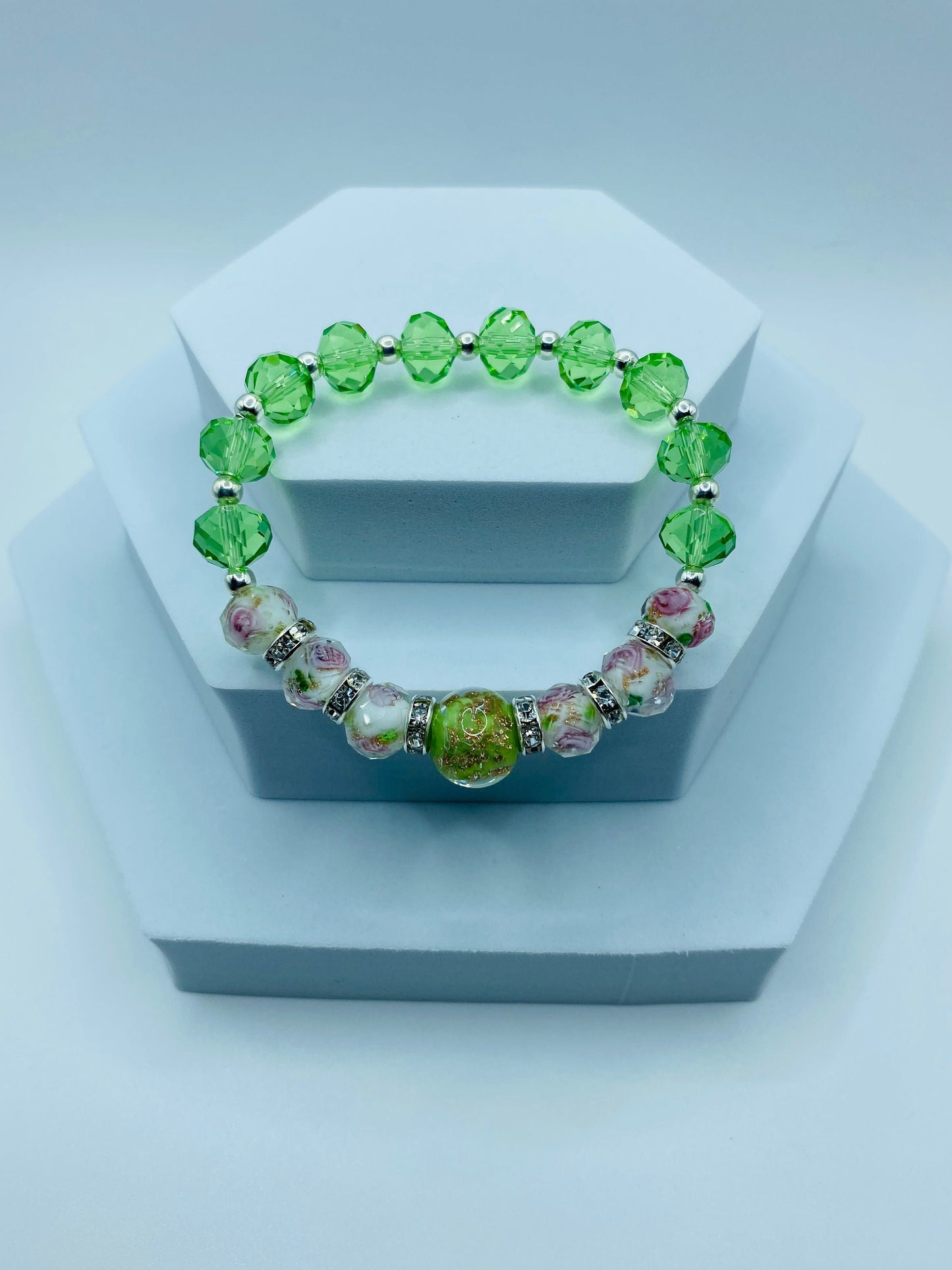 Lampwork Floral Crystal Bracelet: Green Glass Bead Handmade Jewelry