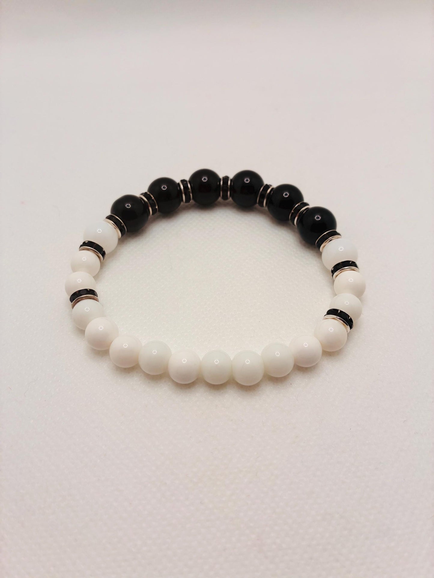 Onyx Gemstone Beaded Bracelet: Black & White Rhinestone Handmade Jewelry