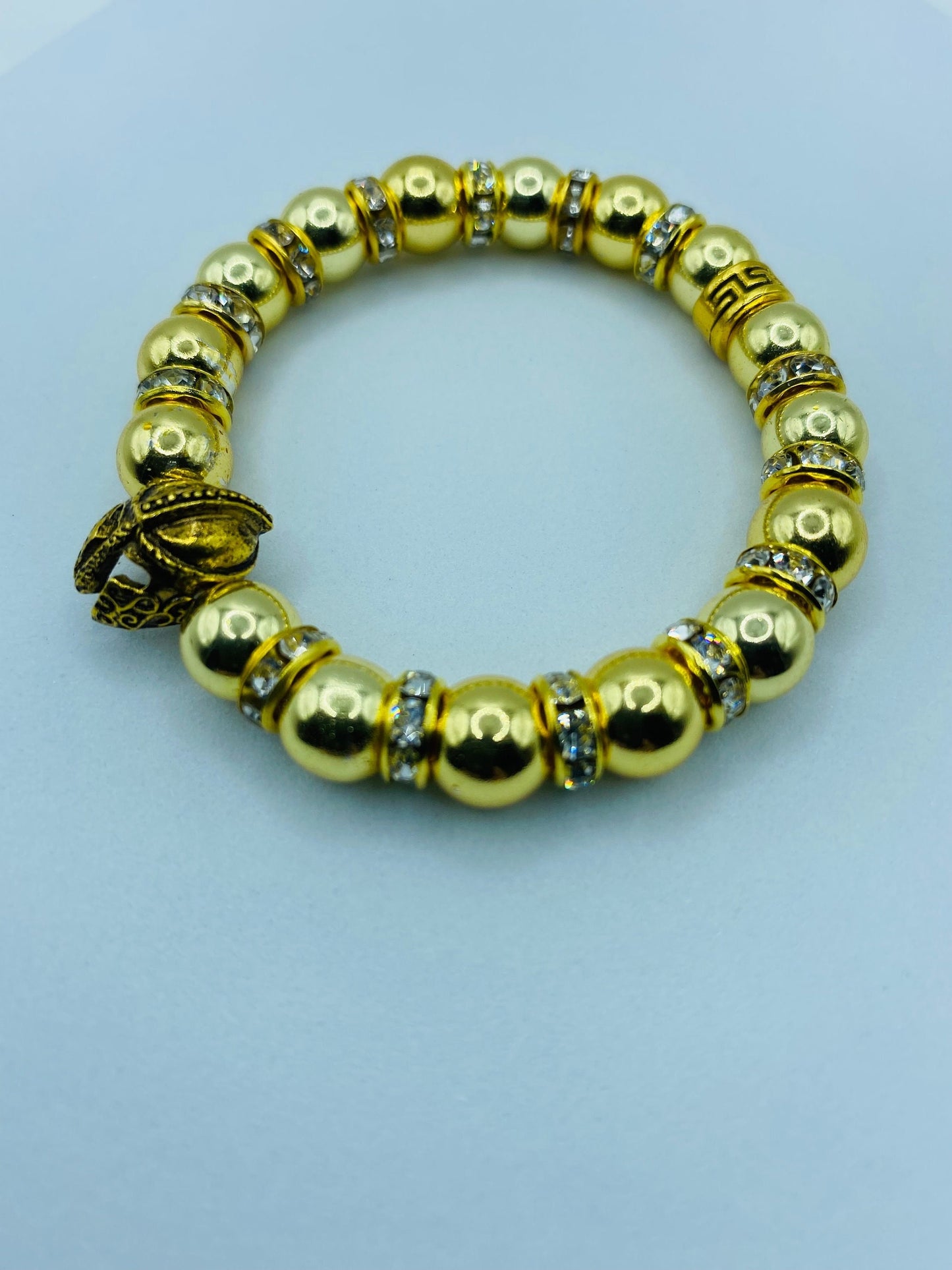 Mens Gold Hematite Bracelet: Spartan Helmet Charm, Rhinestone Rondelle Accents
