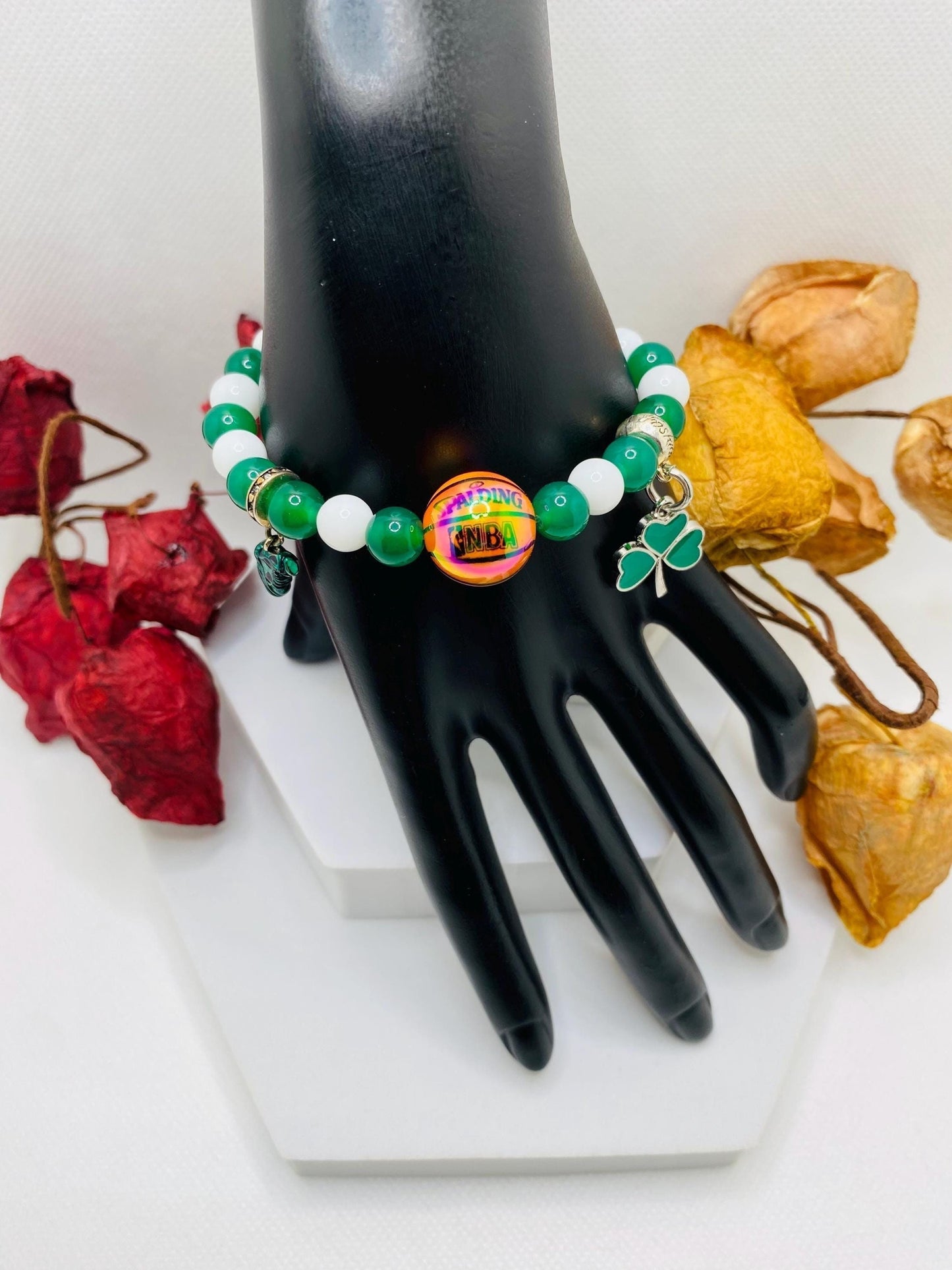 Boston Celtics Jade Beaded Bracelet with Basketball Bead & Clover Charm