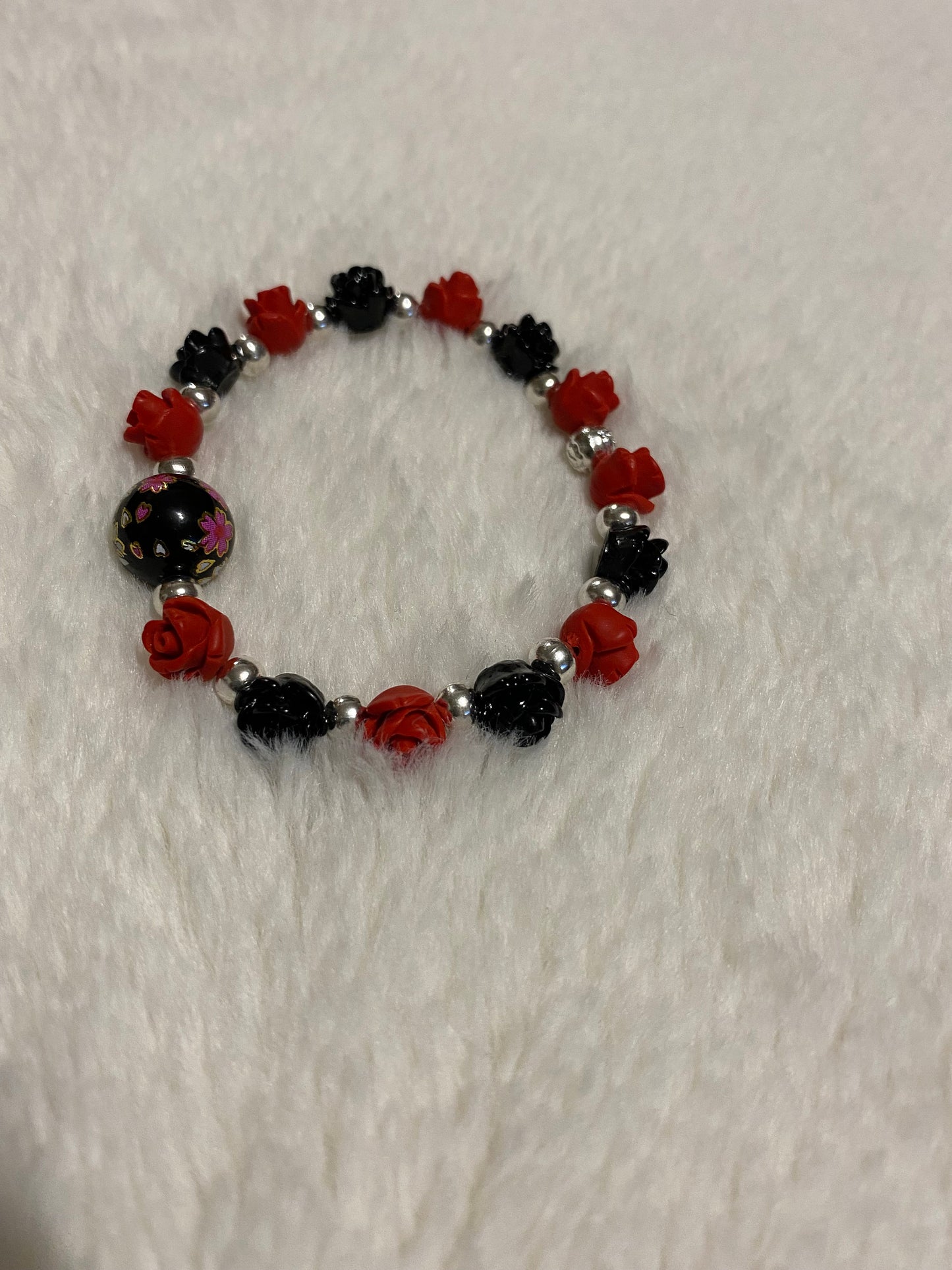 Red & Black Rose Bracelet: Floral Jewelry with Hematite Beads