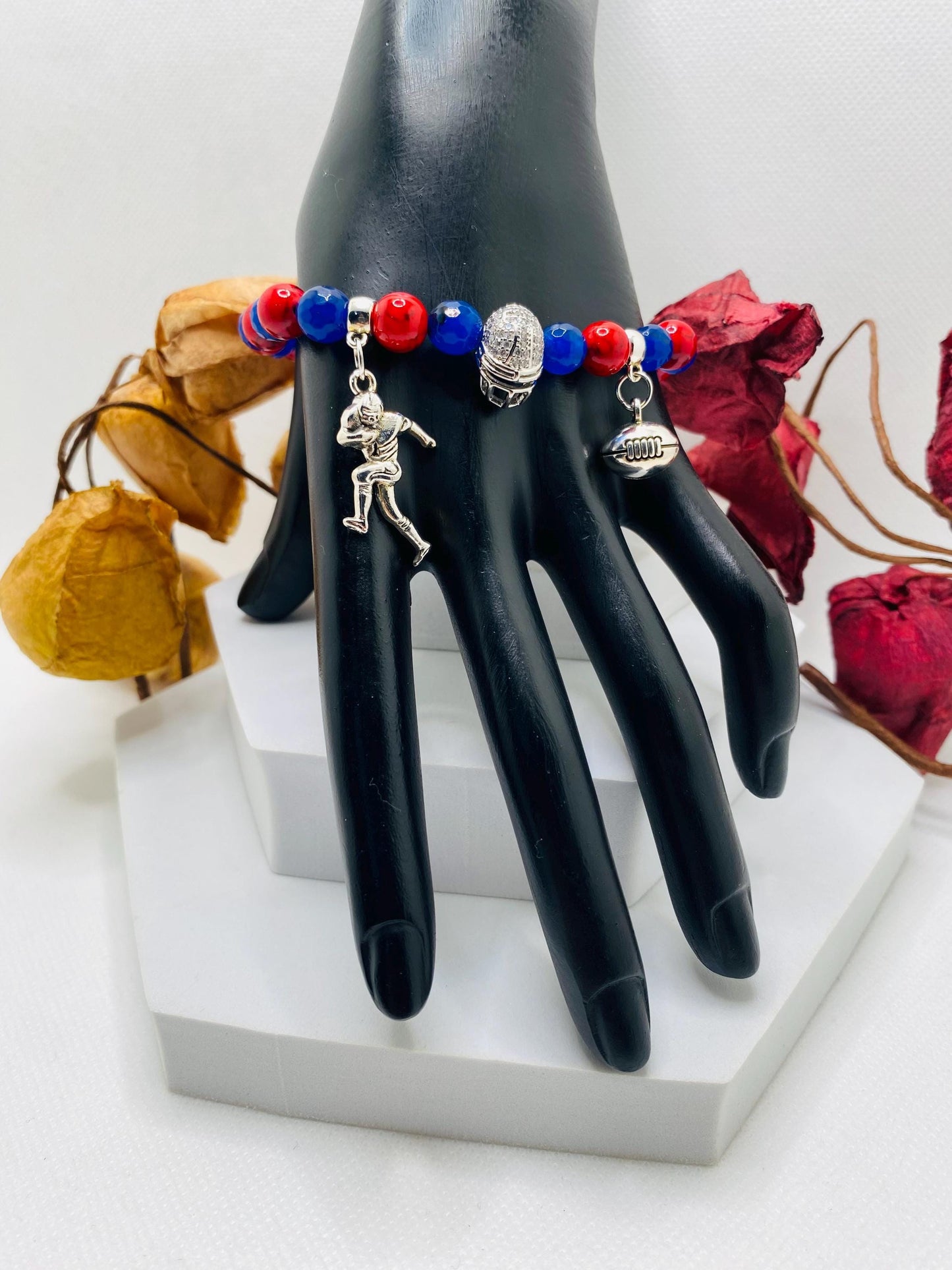 New York Giants Gemstone Charm Bracelet: Football Fan Gift