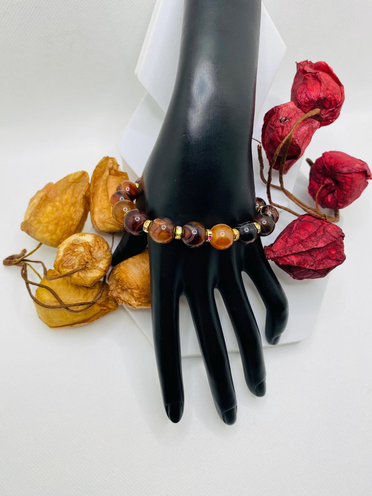 Red Dream Agate Gemstone Bracelet: Chunky Rhinestone Rondelle Jewelry