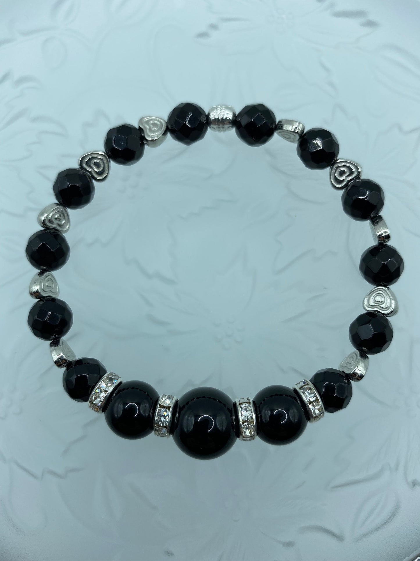 Black Onyx Bracelet: White Gold Heart Charm, Rhinestone Rondelles