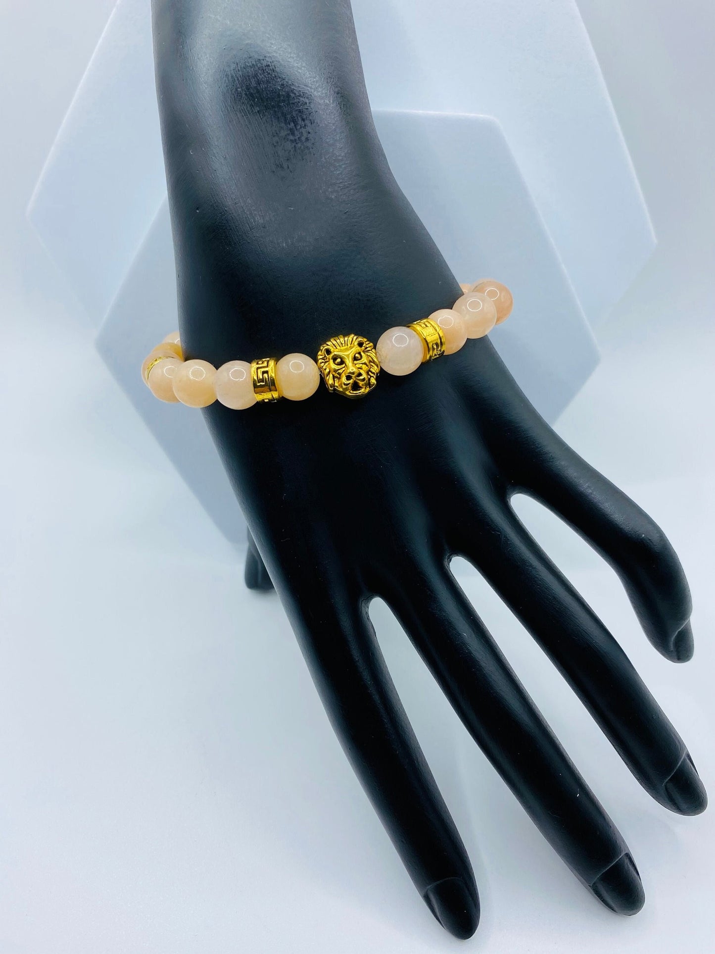 Pink Jade Lion Bracelet: Gold Tibetan Charm Bracelet