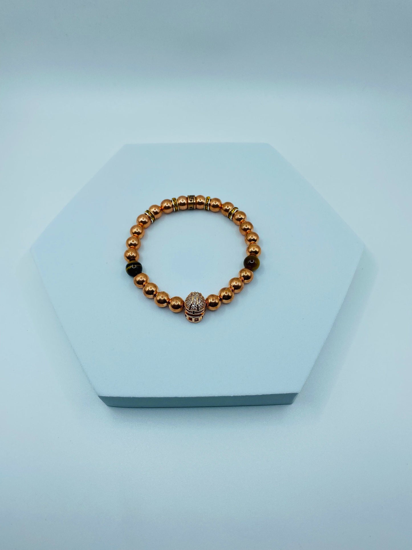 Rose Gold Hematite Bracelet: Spartan Helmet, Tiger's Eye Beads