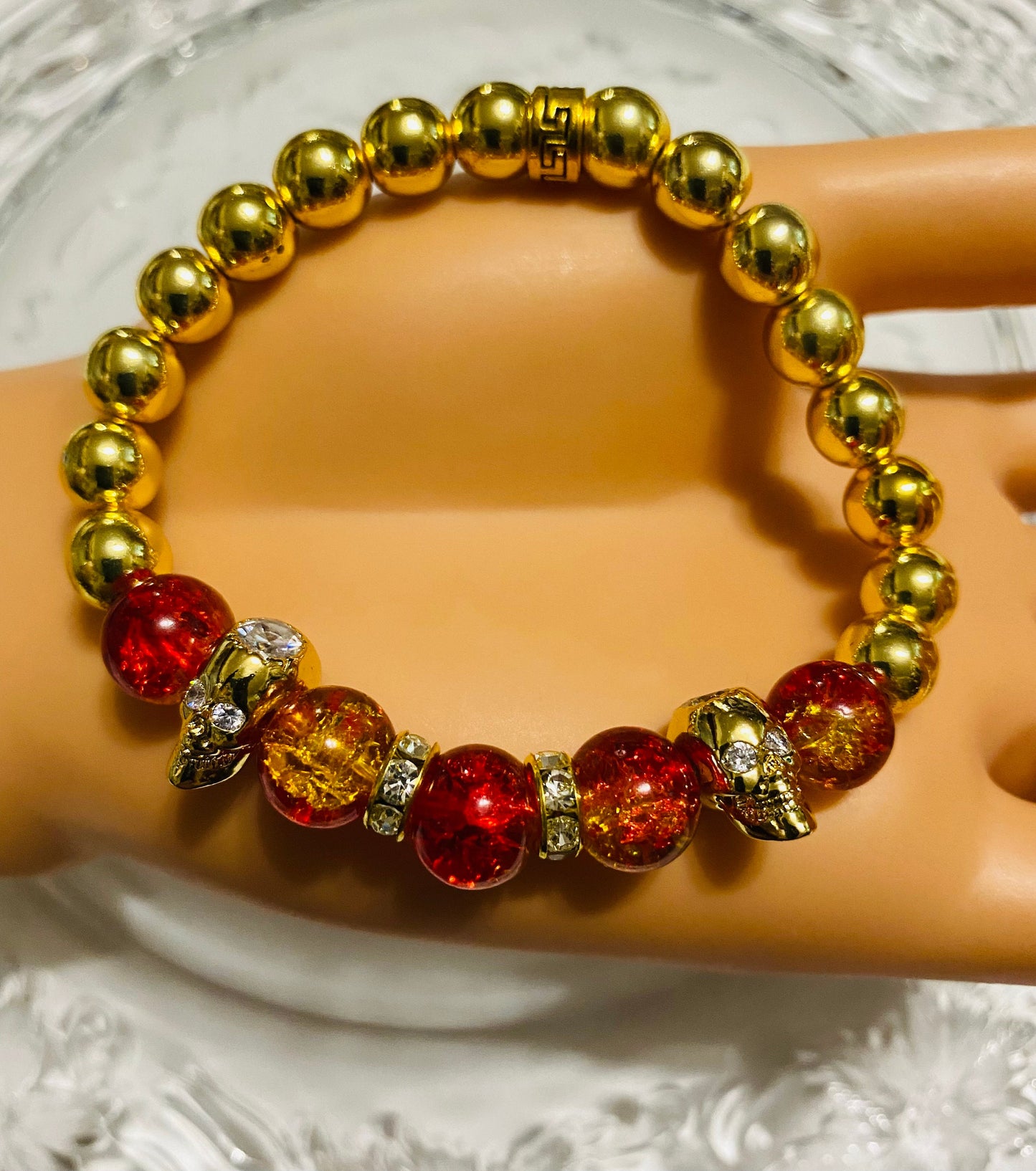 Men's Gold Hematite Bracelet: Red Crystal, CZ Skull Beads