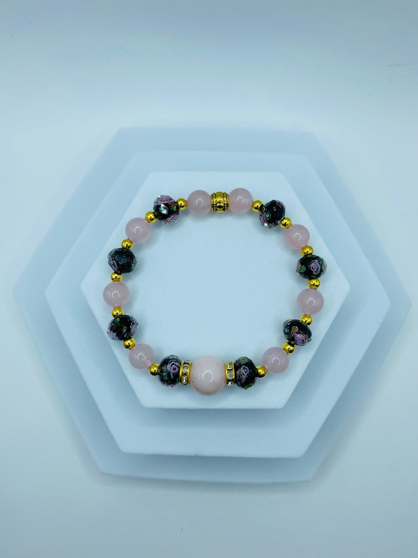 Rose Quartz Bracelet: Lampwork Flower Glass & Gold-Plated Hematite Beads