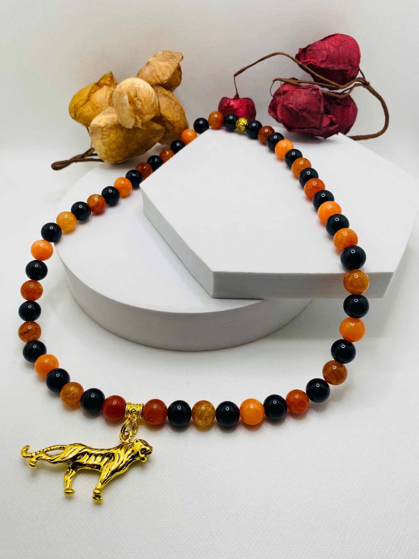 Cincinnati Bengals Charm Necklace for Men, Mens Necklace with Gemstone Beads, Tiger Pendant