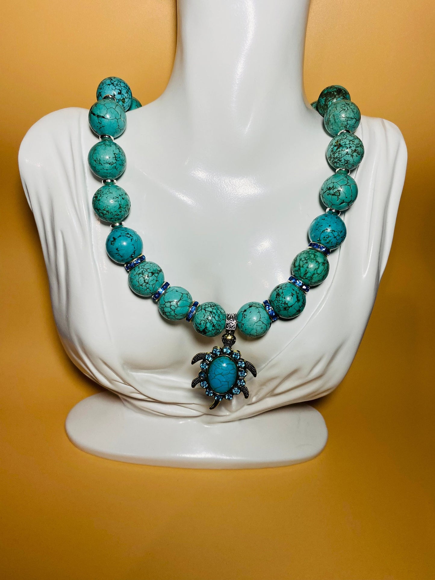 Turquoise Sea Turtle Necklace: Rhinestone Pendant, Boho Jewelry