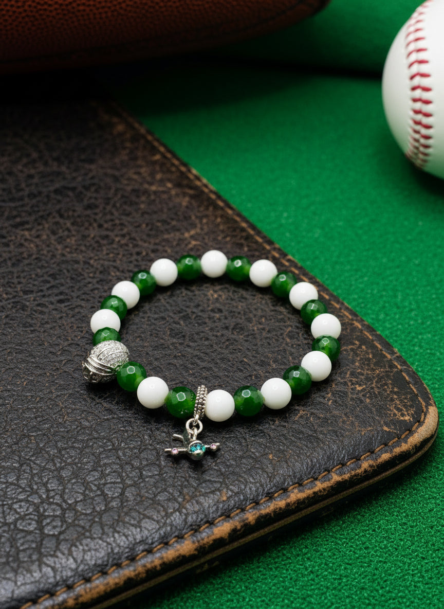 New York Jets Jade Beaded Bracelet: Football Helmet & Airplane Charm
