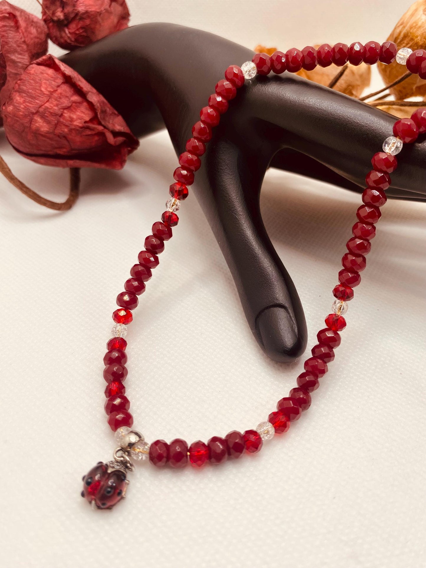 Handmade Red Jade Necklace: Ladybug Charm, Crystal Quartz Beads