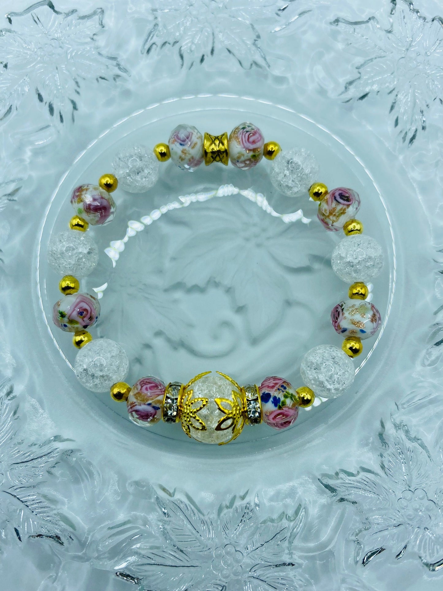 Quartz Crystal Bracelet: Lampwork Floral Glass & 18k Gold Hematite Beads