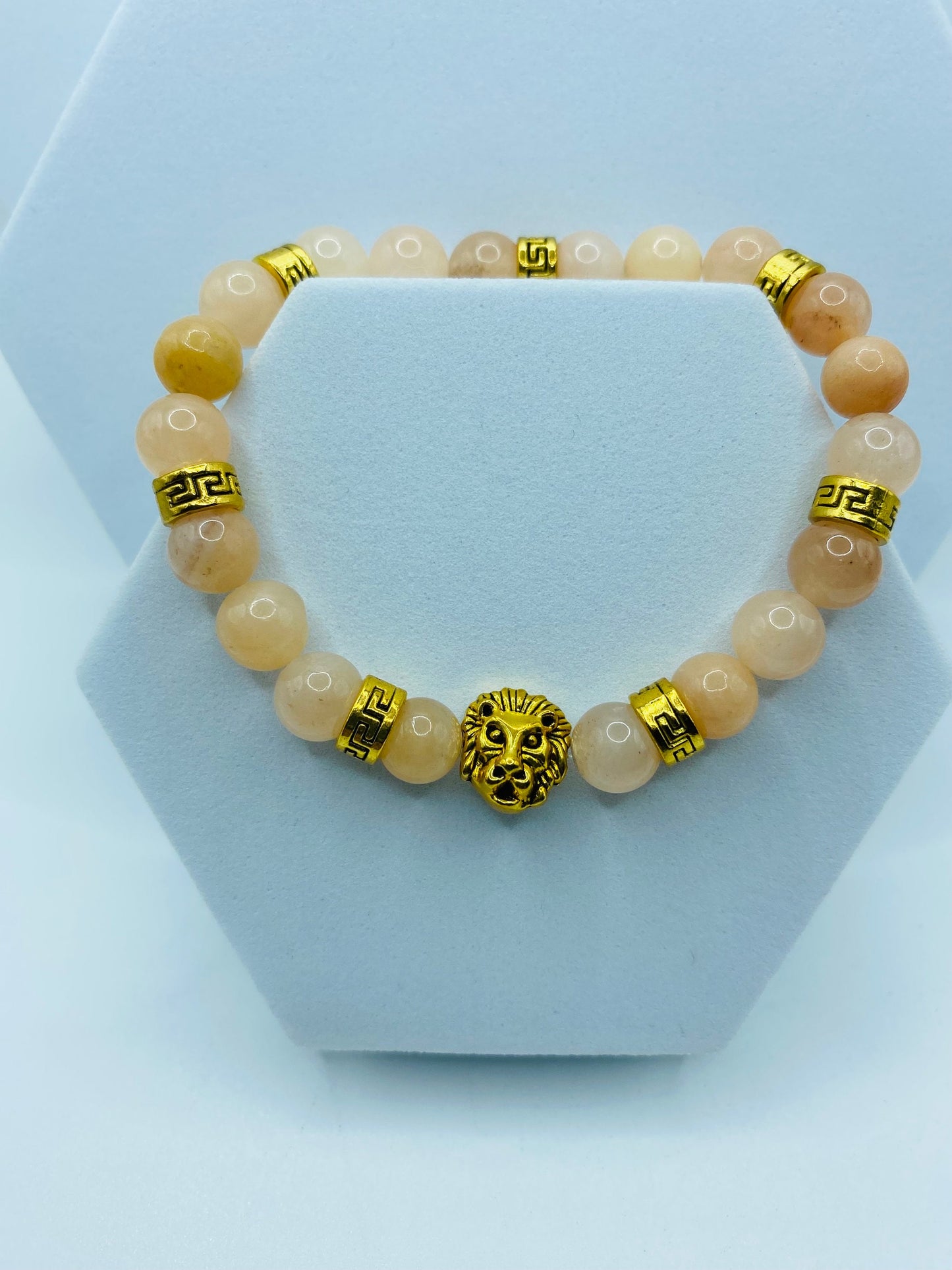 Pink Jade Lion Bracelet: Gold Tibetan Charm Bracelet