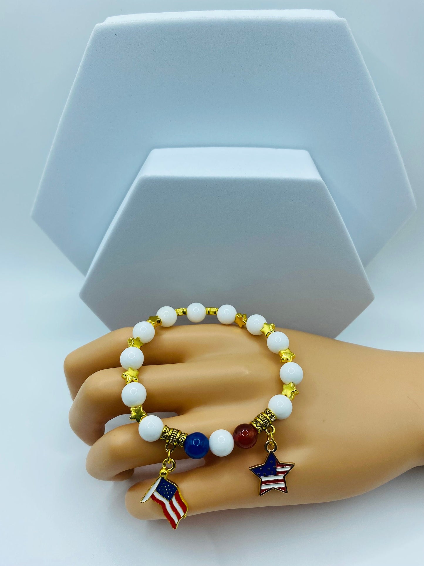 American Flag Charm Bracelet: Red Carnelian, Blue Agate, Mother of Pearl