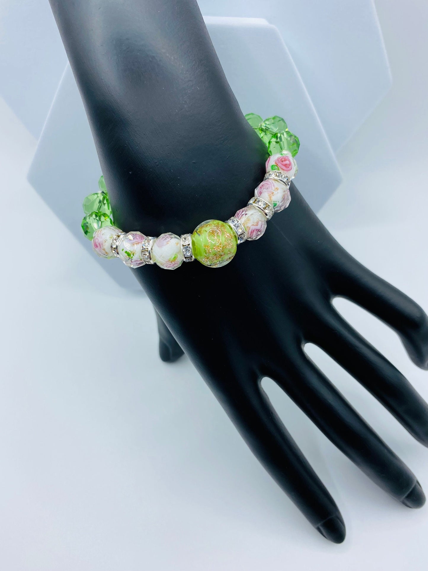 Lampwork Floral Crystal Bracelet: Green Glass Bead Handmade Jewelry