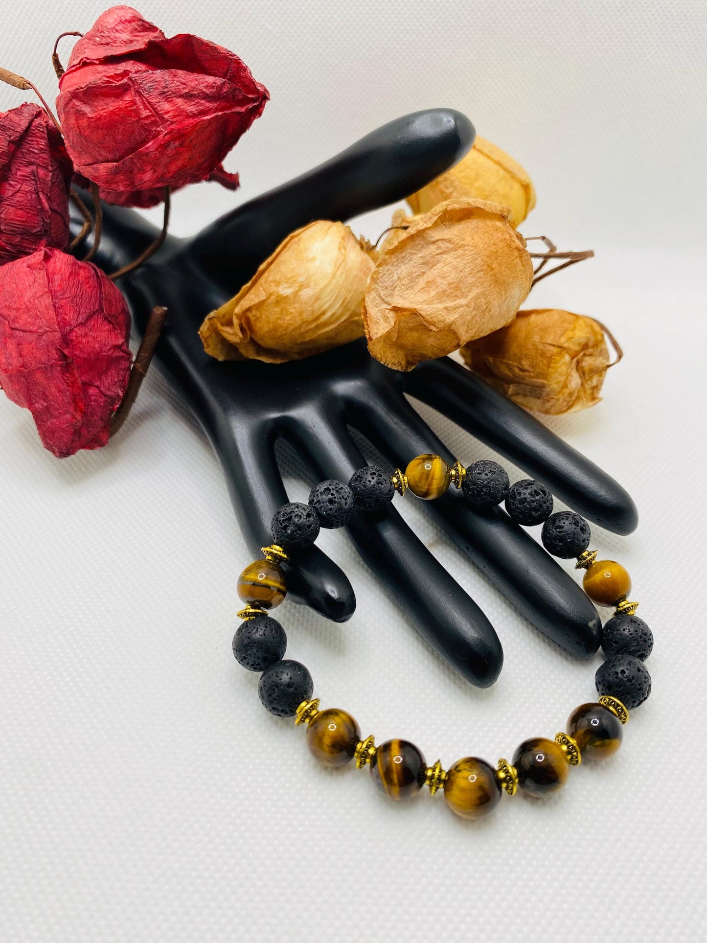 Mens Lava Rock & Tigers Eye Bracelet: Tibetan Gemstone Jewelry