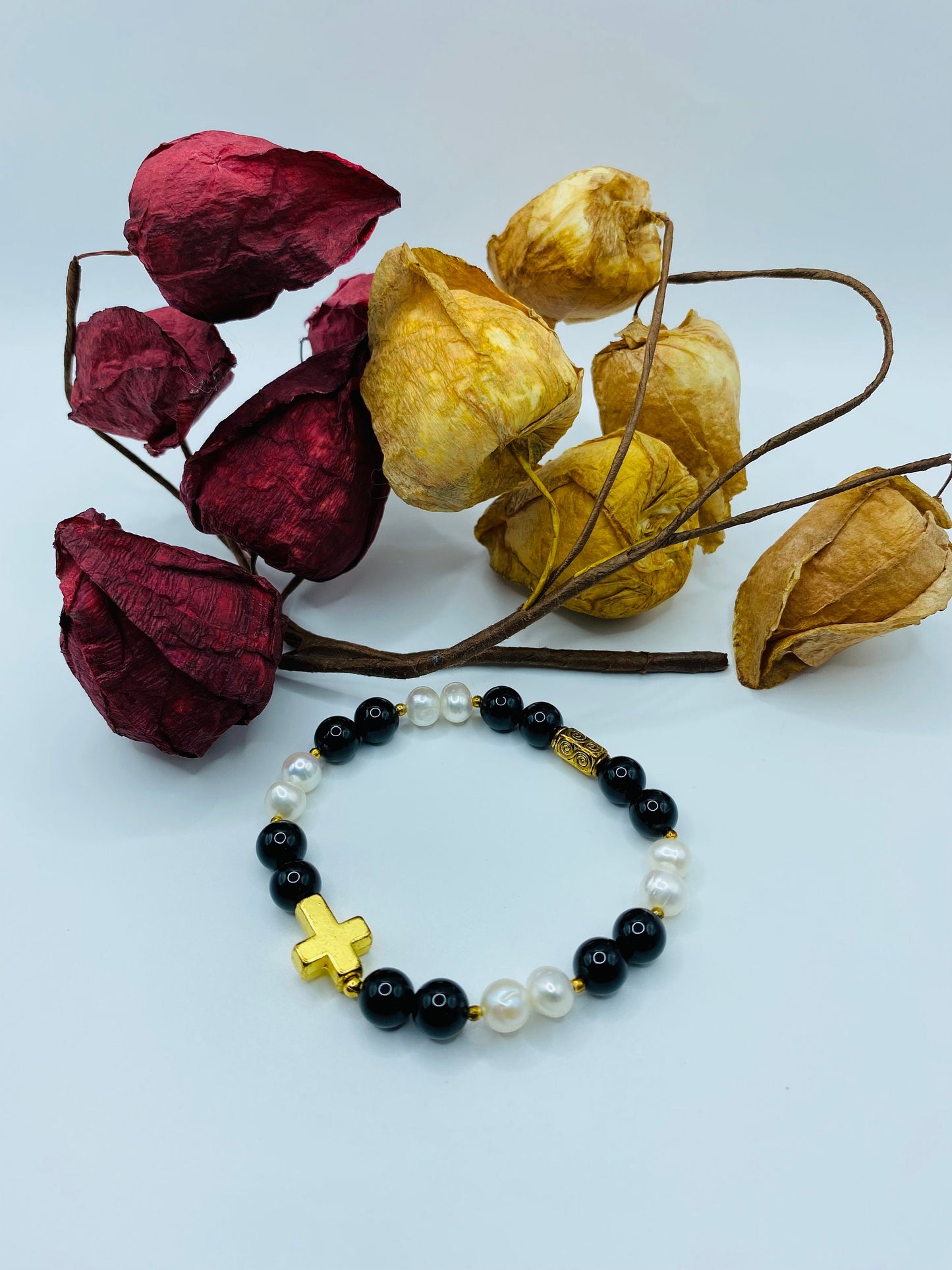 Gold Cross Bracelet: Pearl & Onyx Gemstone Beads, Spiritual Jewelry