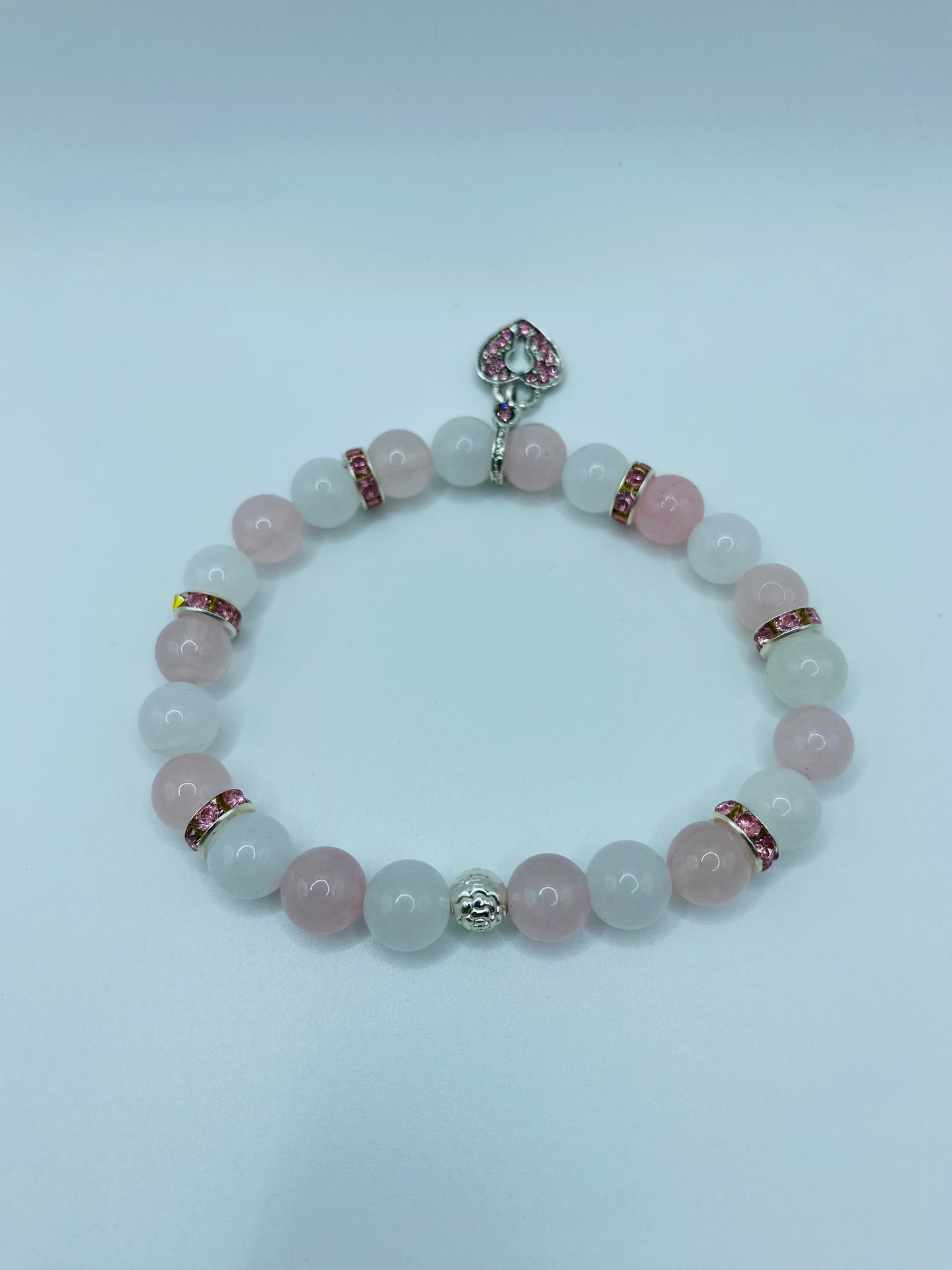 Heart Locket Charm Bracelet: Rose Quartz & White Jade Gemstone Beads