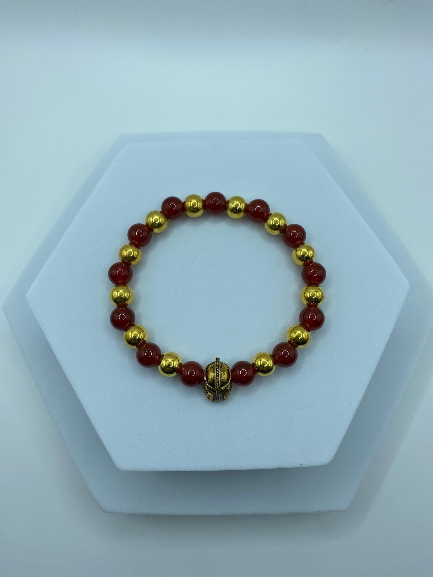 USC Trojans Bracelet: Red Carnelian & Gold Spartan Helmet Beaded Bracelet
