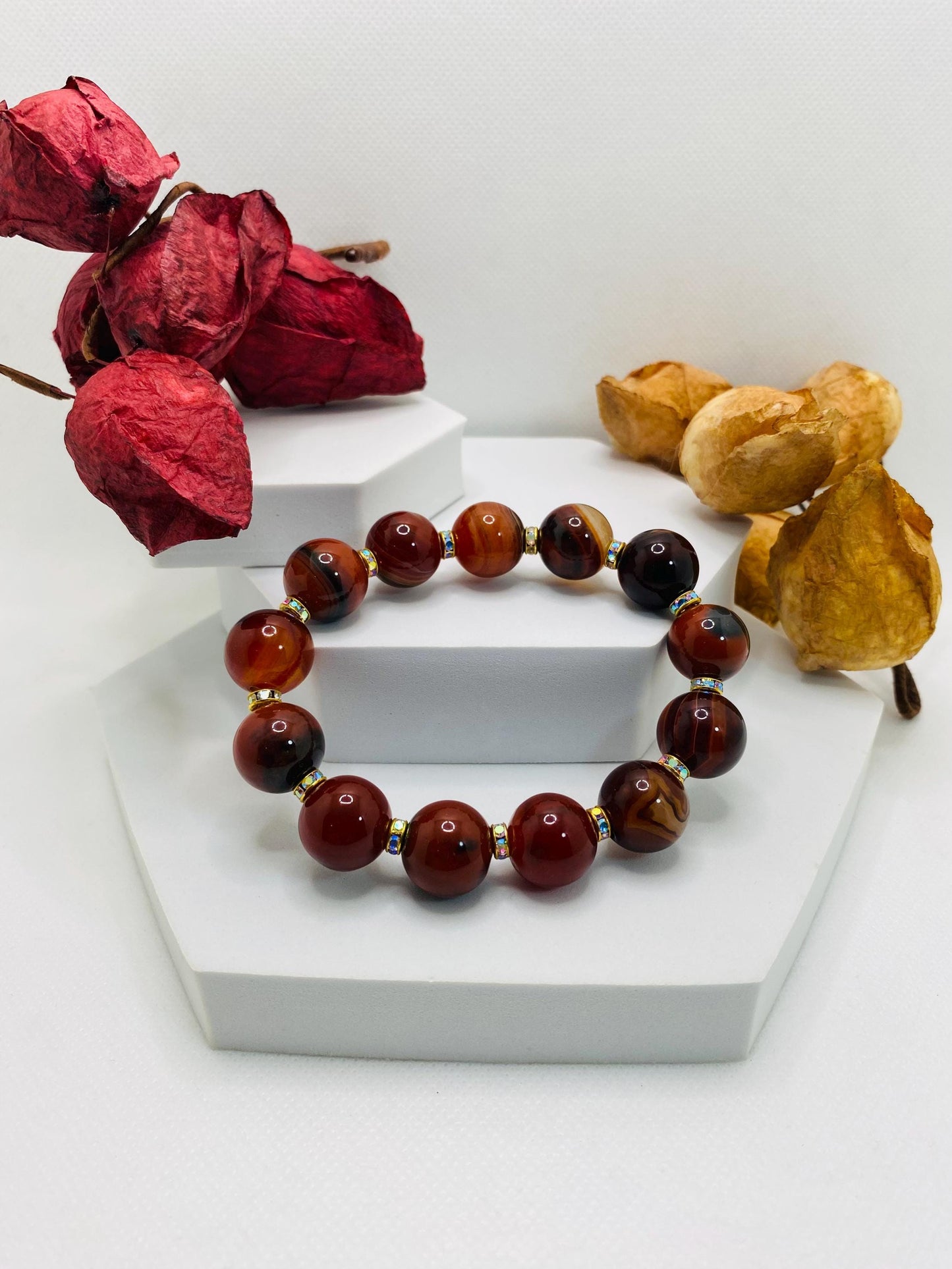 Chunky Dream Agate Bracelet: Rhinestone Rondelle Spacers, Handmade Jewelry