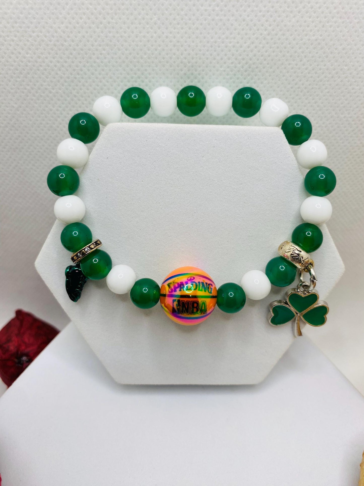 Boston Celtics Jade Beaded Bracelet with Basketball Bead & Clover Charm
