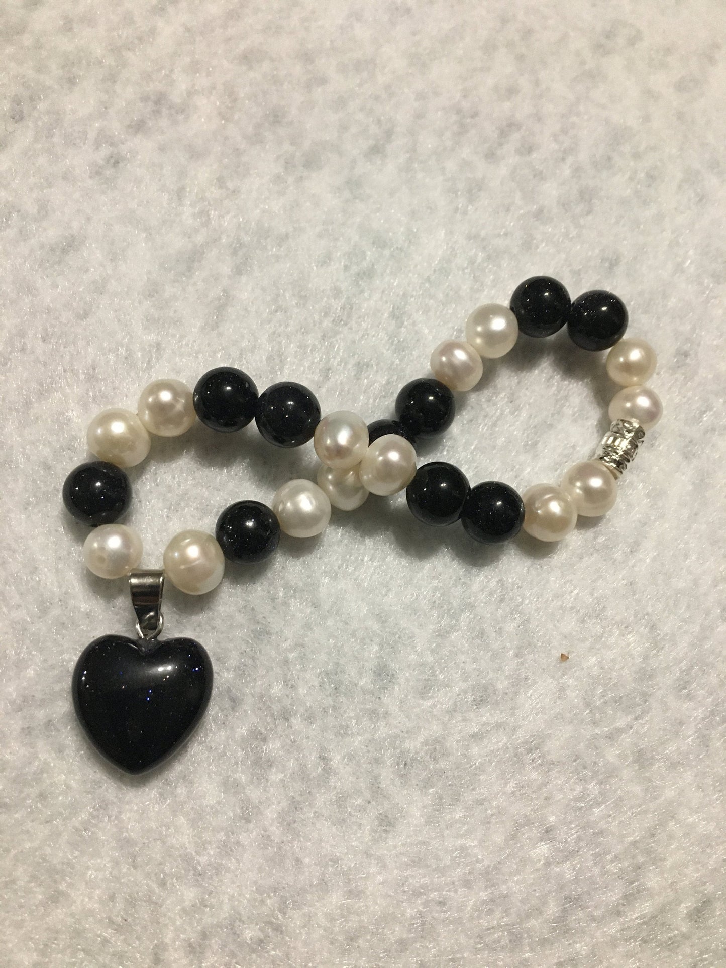 Pearl Bracelet: Blue Sandstone Heart Pendant, Handmade Jewelry